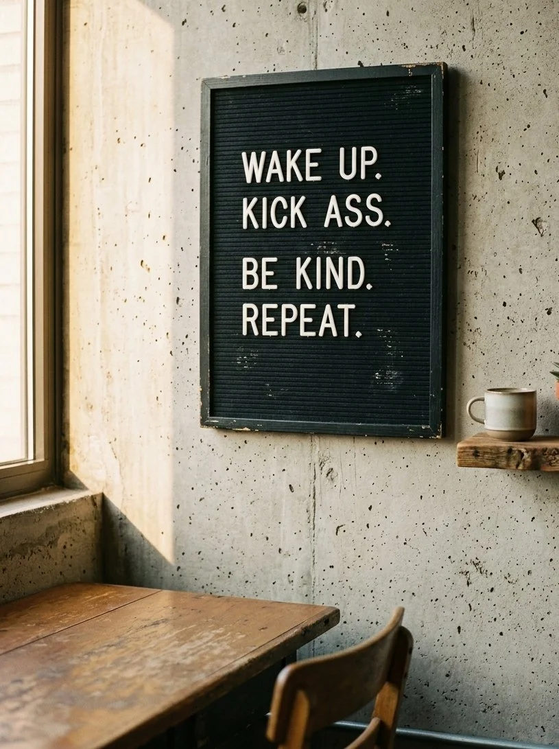A black felt letter board with white letters on a concrete wall, displaying the quote "WAKE UP. KICK ASS. BE KIND. REPEAT." next to a wooden table, a window, and a shelf with a coffee mug.