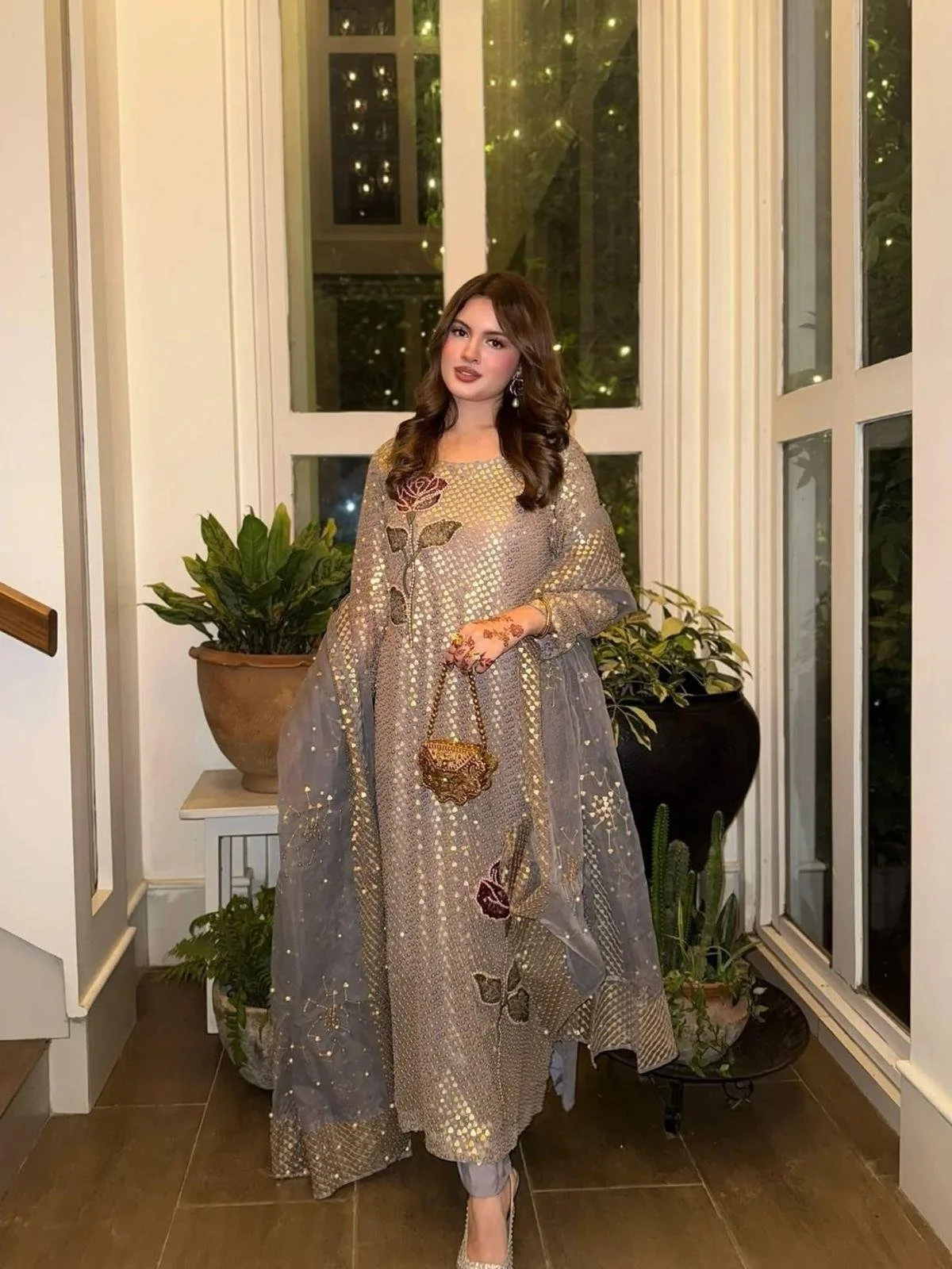 Twil Sequins Faux Georgette  Kurti Pant Set with Embroidered Dupatta