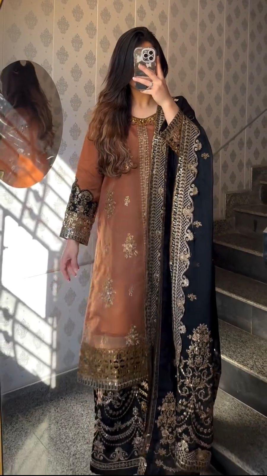 Twil Net Embroidered Kurti Plazzo Set with Dupatta