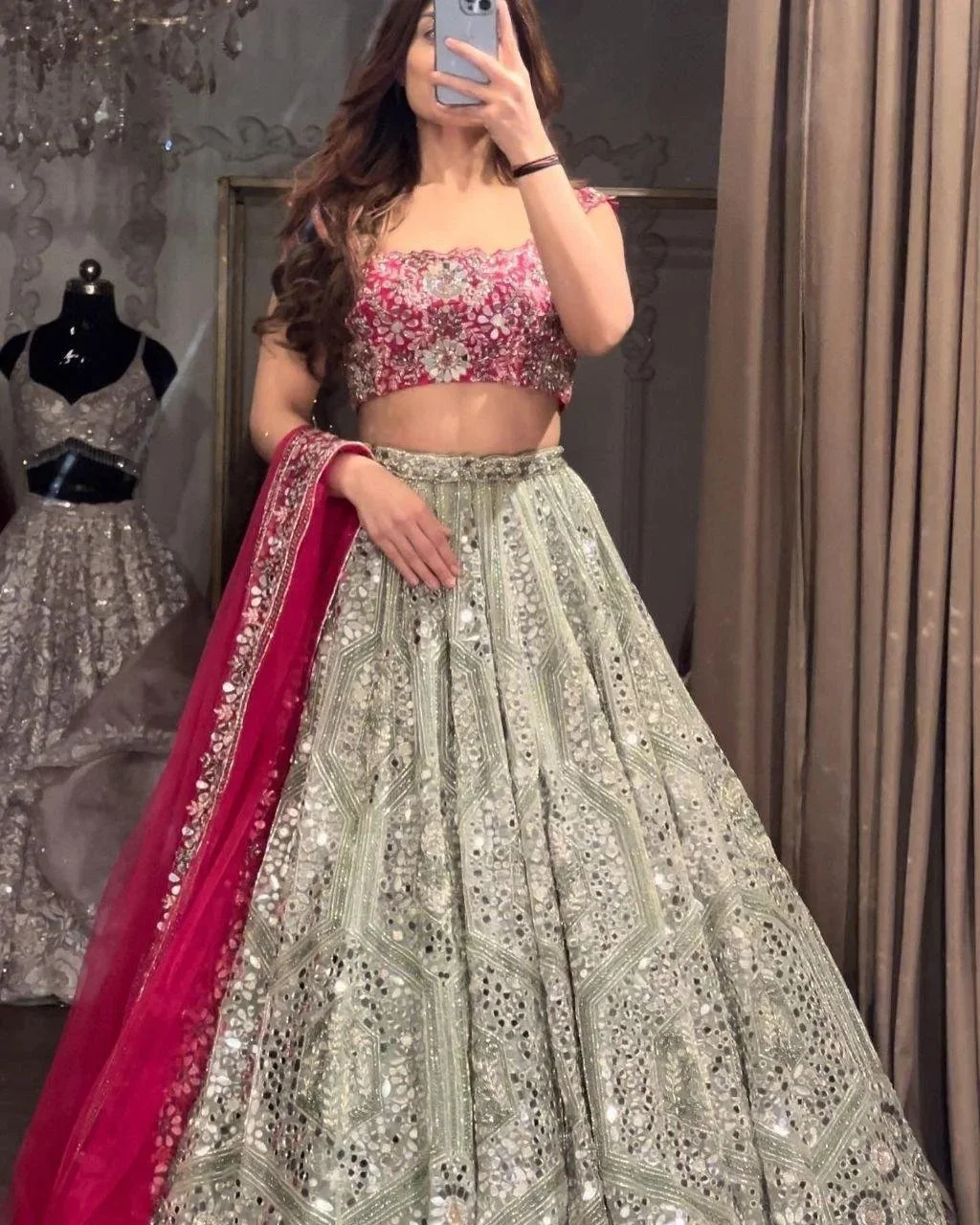 Step into pure elegance with our Noor Éclat Lehenga Set, crafted in premium faux georgette with a grand 3.5-meter flare for a royal silhouette. Adorned with intricate sequins embroidery, layered with can-can and canvas for perfect structure, and pair