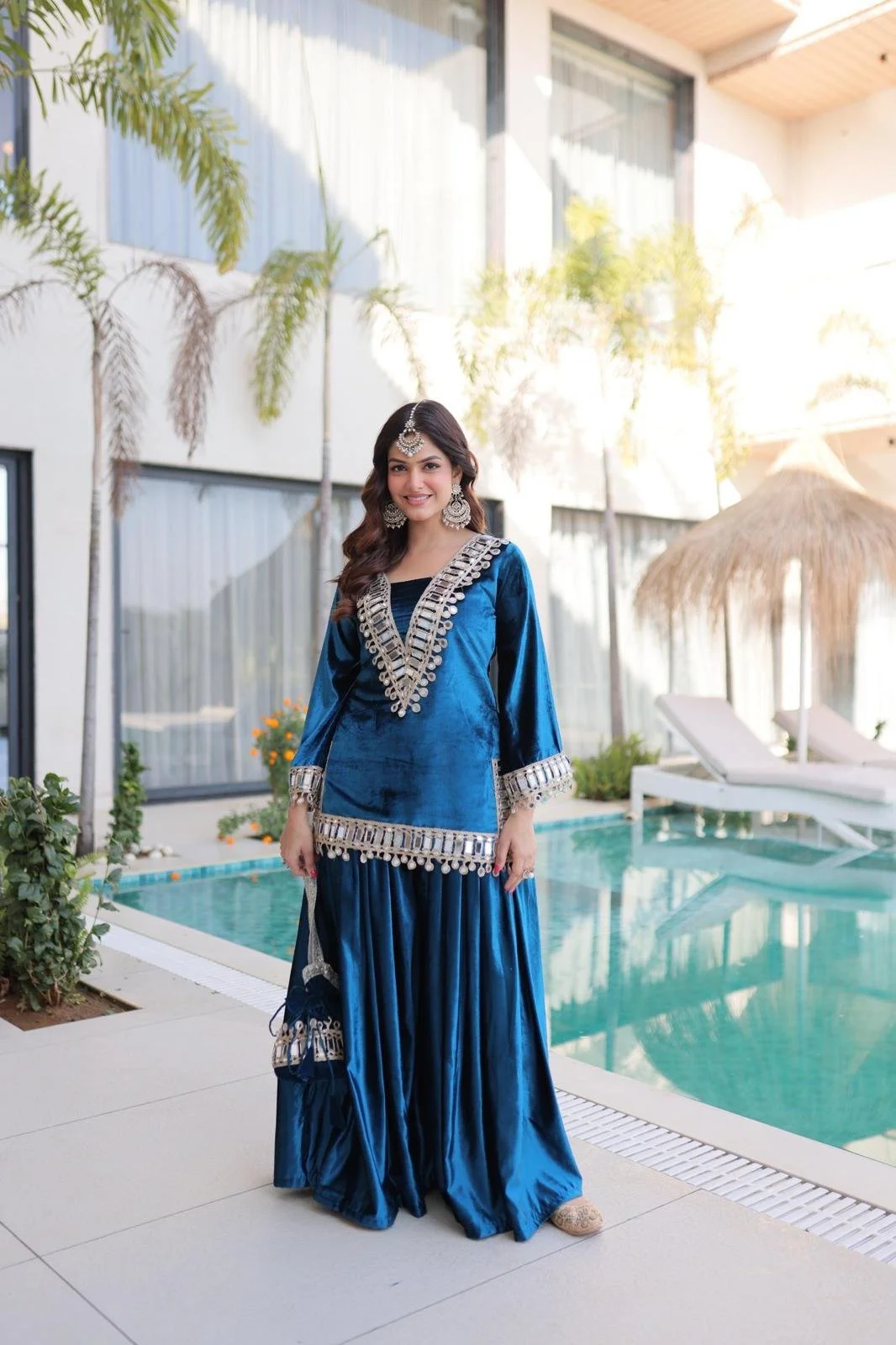 Ice Velvet Zari & Mirror Work Top Palazzo Set with Batwa