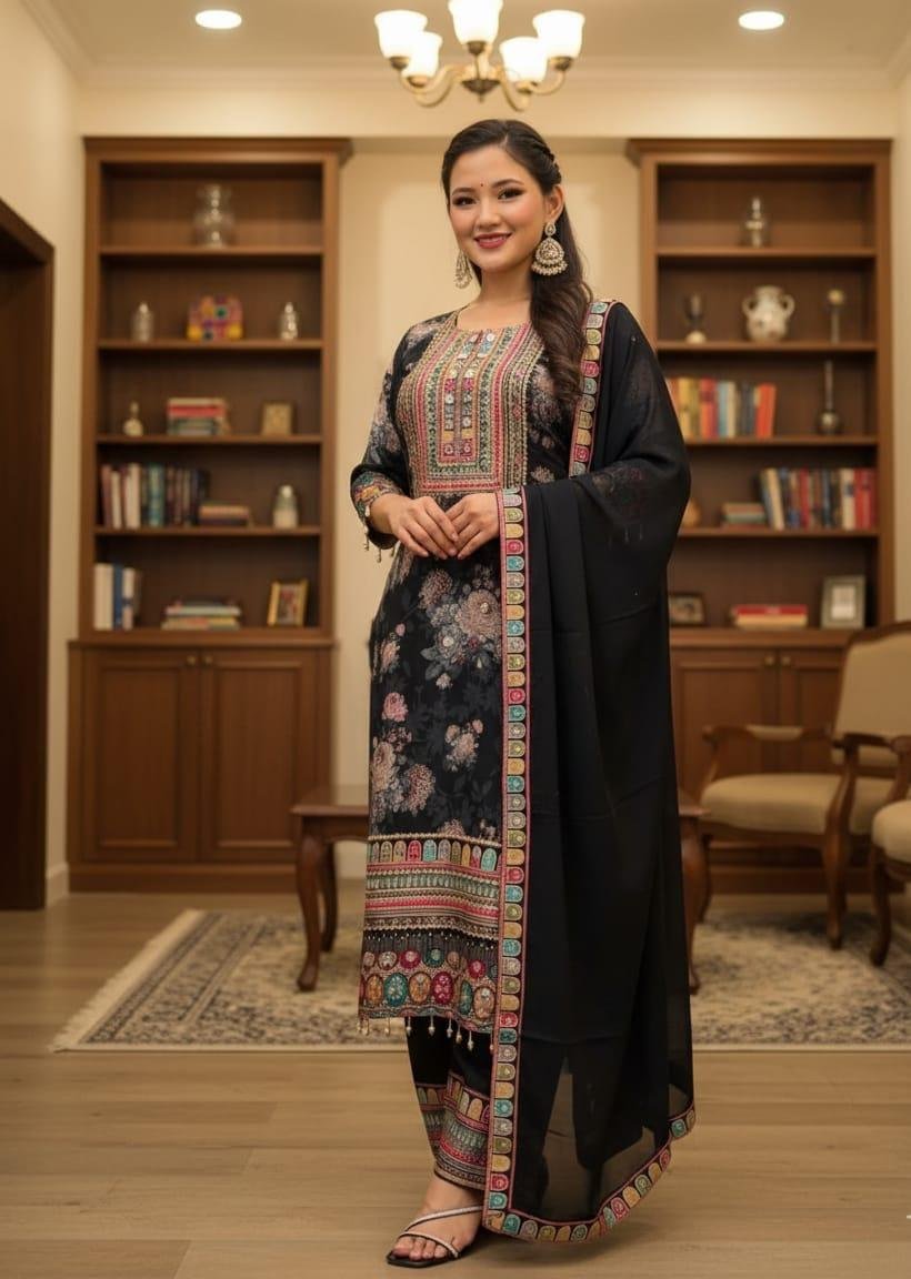 Chinon Silk Printed Pakistani Suit with Mirror & Moti Work