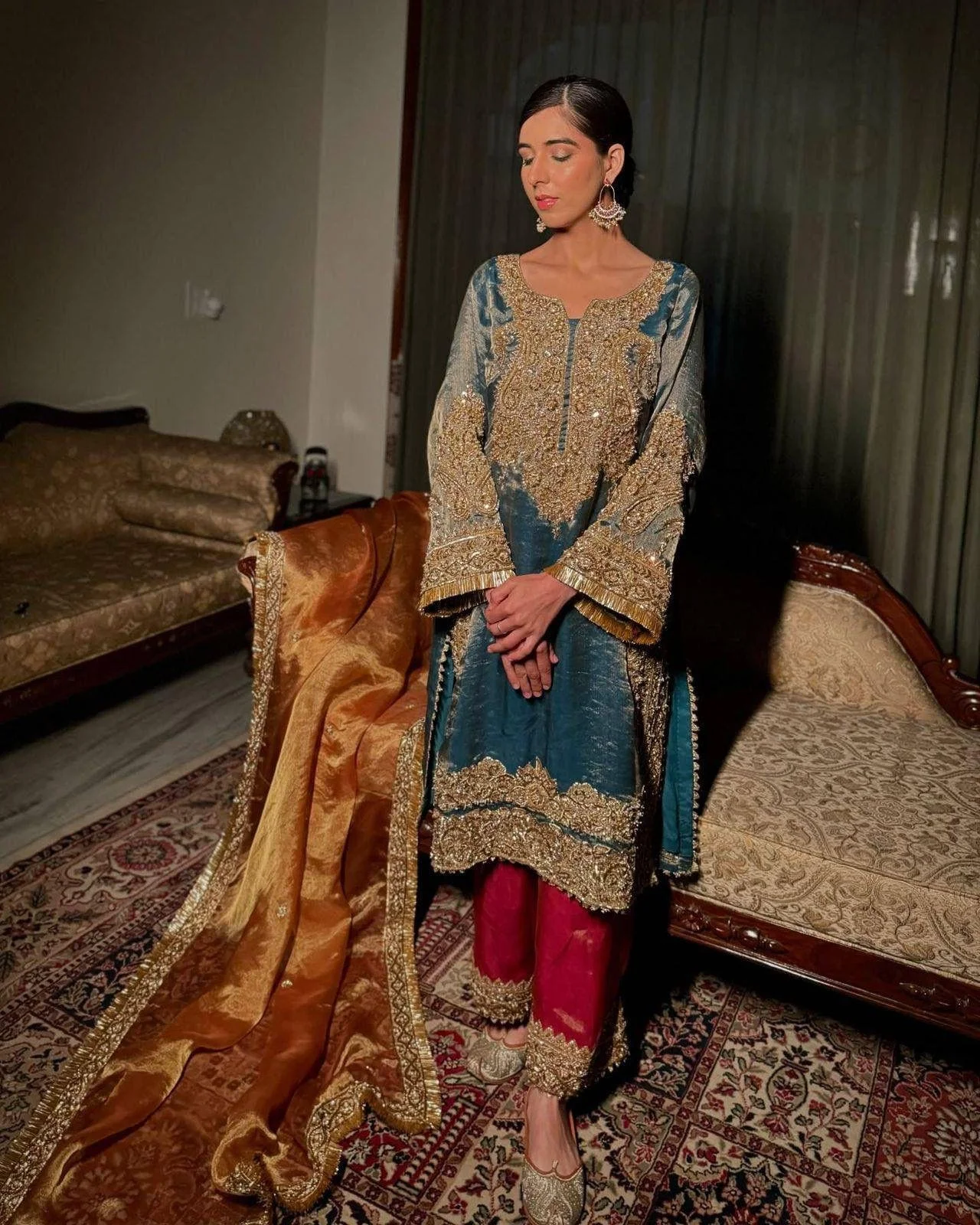 Frendy Silk Sequins & Zari Embroidered Kurti Pant Set with Dupatta