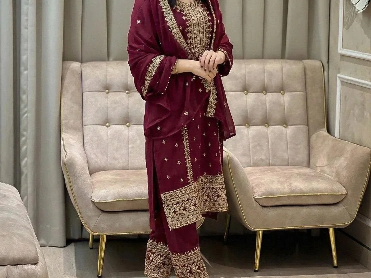 Turn every celebration into a statement with the Zehra Luxe Festive Ensemble. Crafted in rich heavy faux georgette and adorned with intricate sequin embroidery, this fully stitched top and pant set exudes refined elegance. The beautifully detailed du