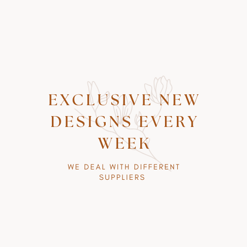 Text stating "Exclusive New Designs Every Week" and "We Deal With Different Suppliers" with simple line art illustrations of flowers in the background.