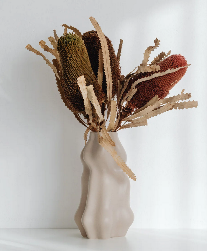 Trockene Blumen in einer unregelmäßig geformten weißen Vase vor einem weißen Hintergrund.