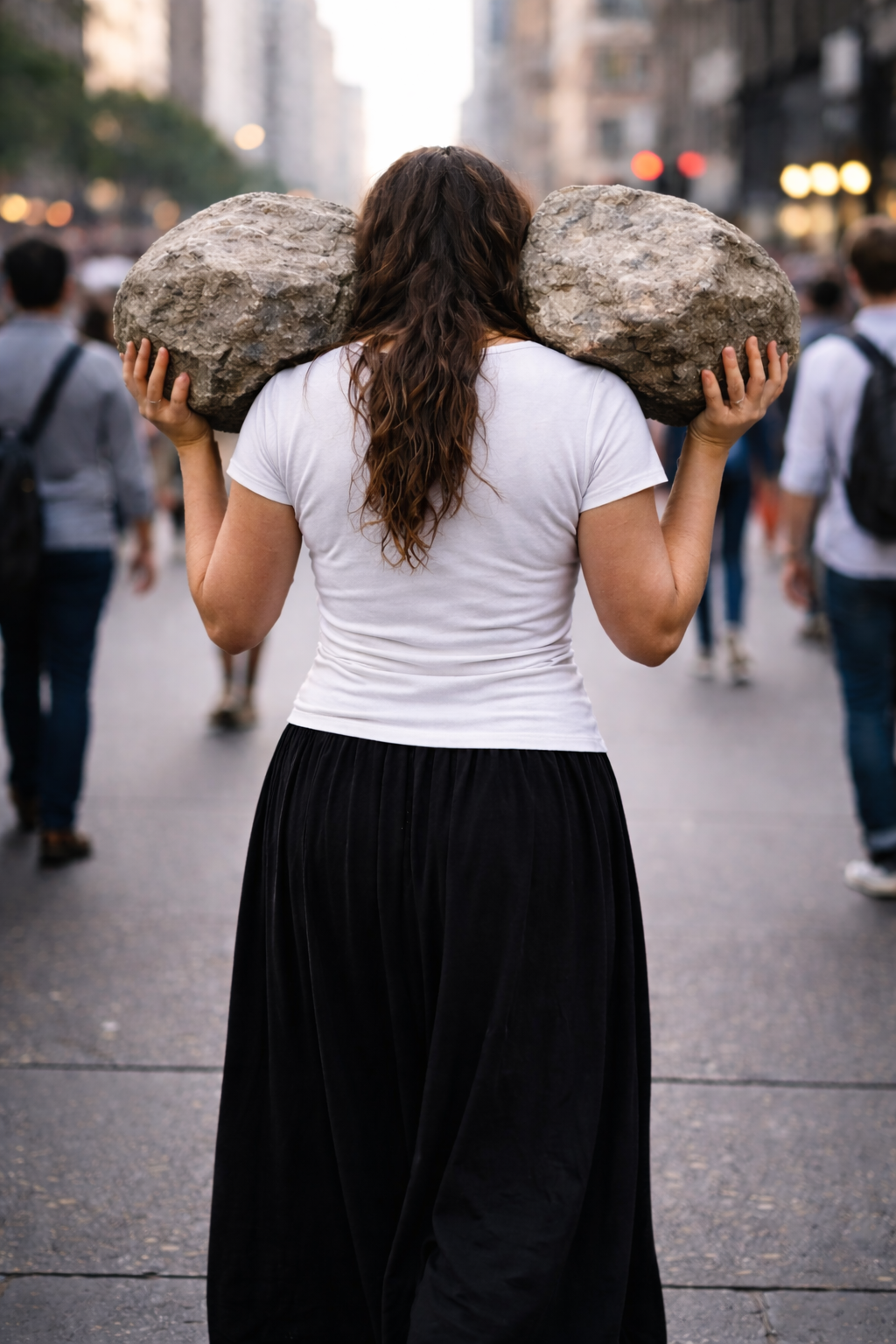 Person carrying weight on their shoulders.