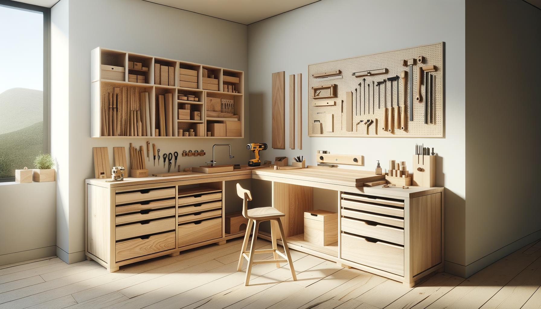A woodworking workshop with a wooden workbench, tools on a pegboard, shelves with wooden boxes, and a chair in a bright room with natural light.