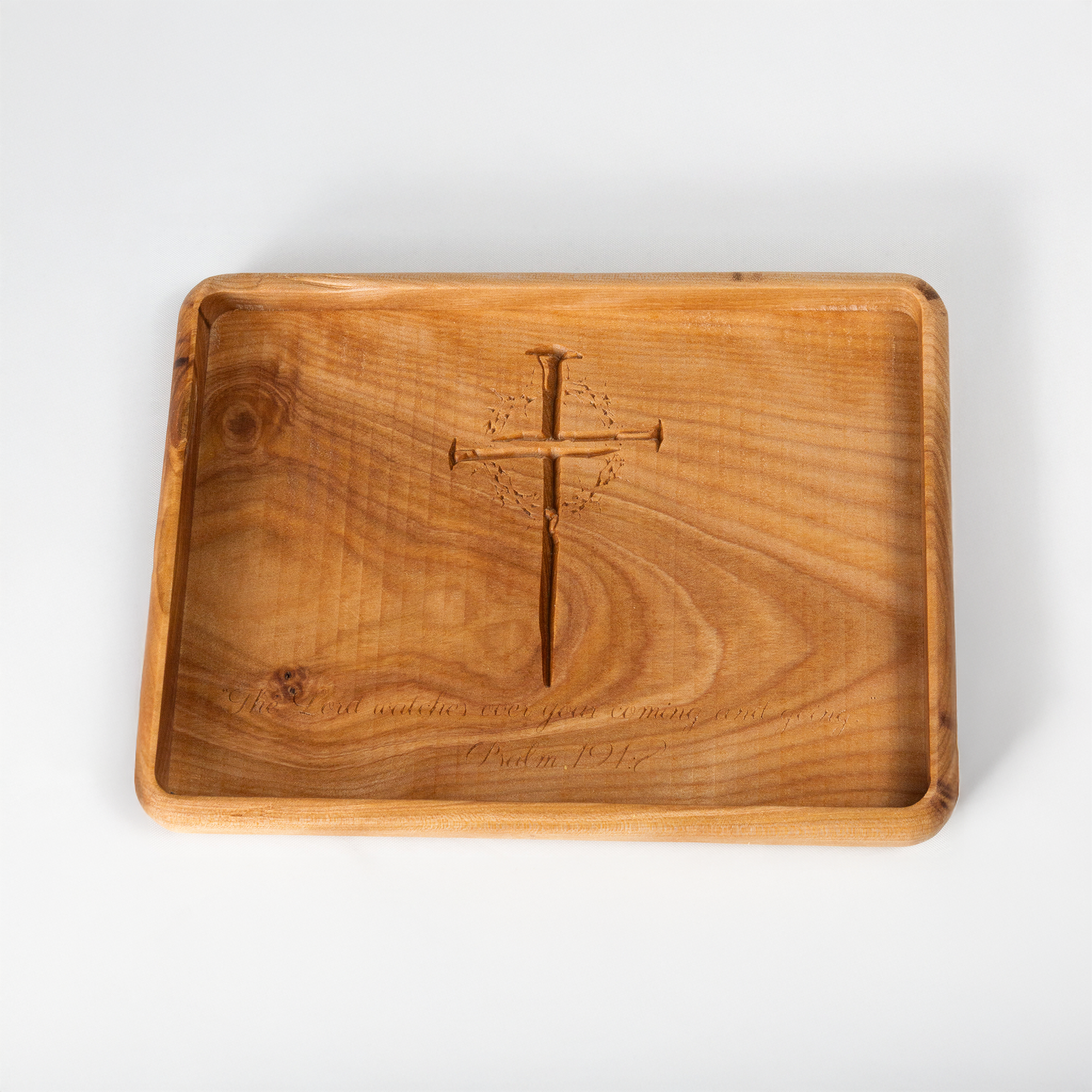 Flame Birch Scripture Catch-All Tray – Cross Engraved Wood Valet Tray