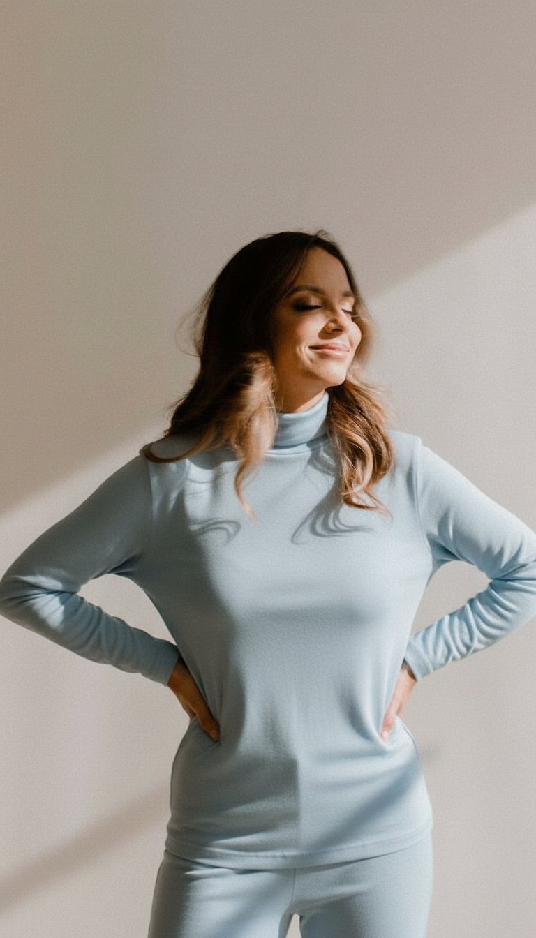 Selbstbewusste Frau in hellblauem Outfit, entspannt lächelnd – Symbol für beruflichen Erfolg und erfüllte Work-Life-Balance.