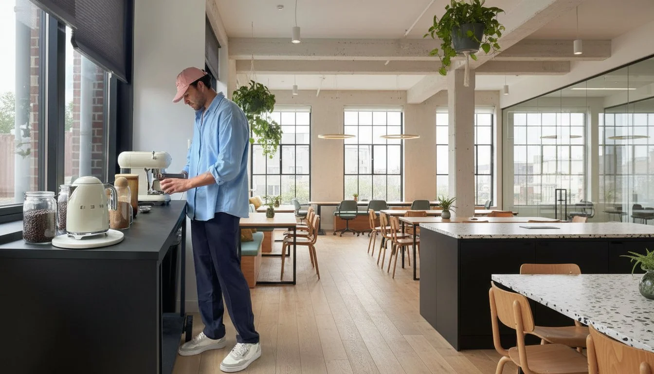 A man wearing a pink baseball cap and blue shirt is preparing coffee at a modern, well-lit cafe or restaurant with large windows, wooden tables, chairs, and hanging plants.