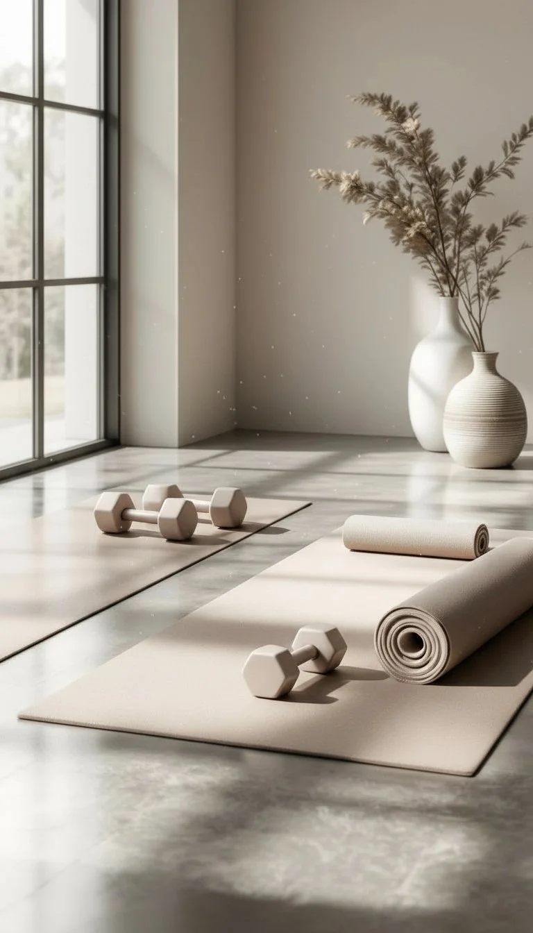 A home workout setup with a yoga mat, rolled-up mat, two light-colored dumbbells, and two vases with tall dried plants near a large window, with sunlight streaming in.