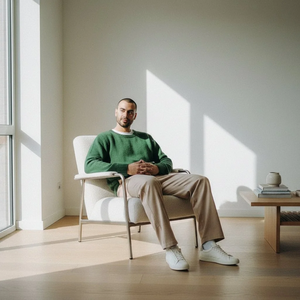 Moderner Mann in minimalistischer Umgebung, entspannt im Sessel sitzend – Symbol für berufliche Balance und persönliche Entwicklung.