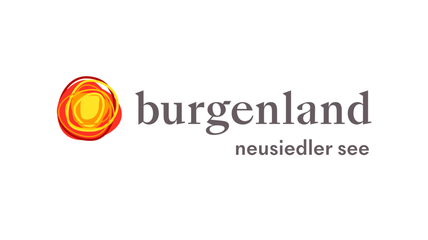 Logo mit einem roten und gelben Kreis, Text 'burgeland' und der Unterzeile 'neusiedler see'.
