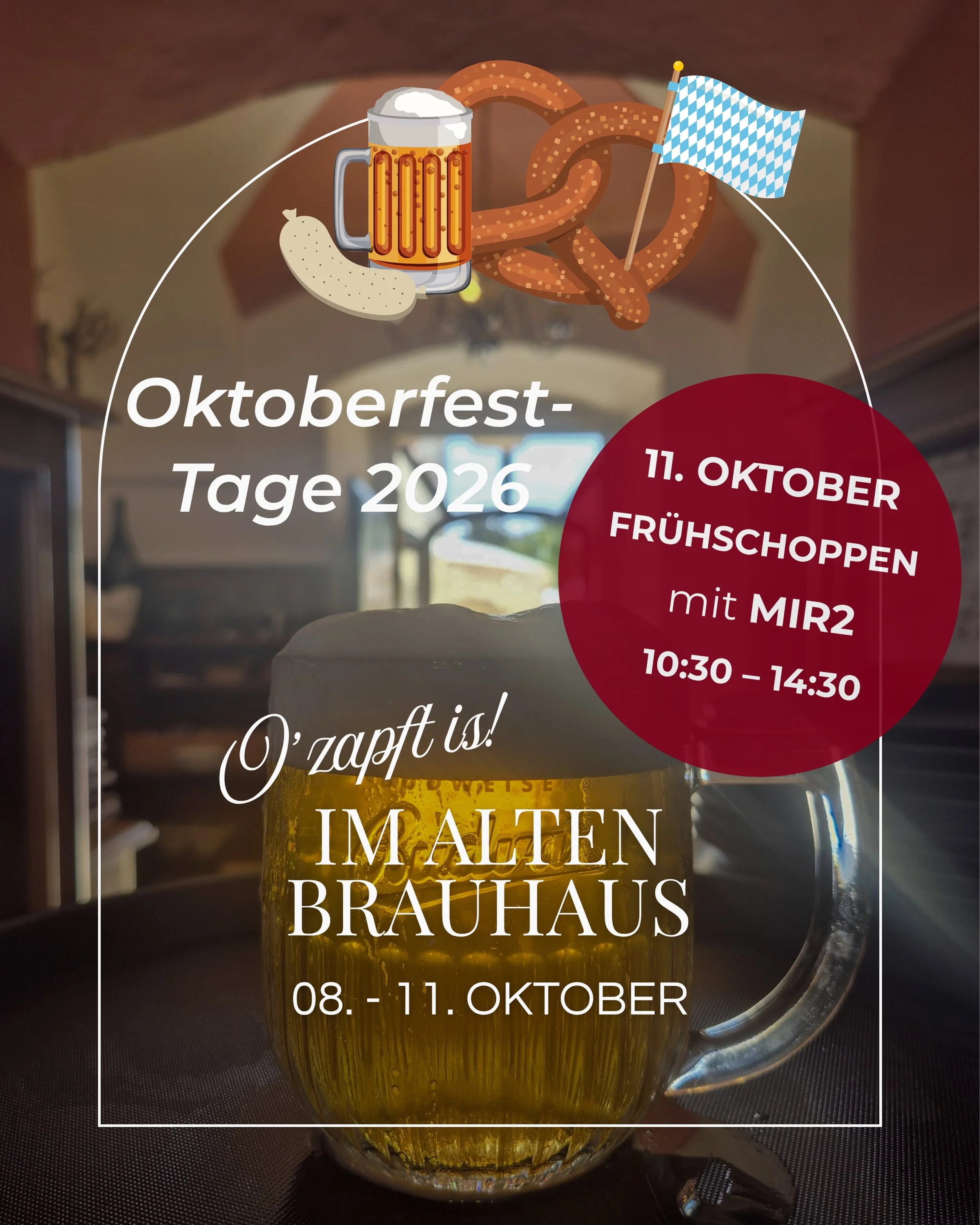 O&rsquo;zapft is im Alten Brauhaus! 🍻

Vom 8. bis 11. Oktober stehen bei uns die Oktoberfesttage auf dem Programm. Vier Tage lang erwarten euch k&uuml;hles Oktoberfestbier, gesellige Wirtshausstimmung und jede Menge passende Schmankerl.

Freut euch 