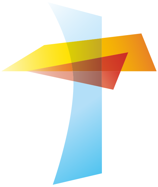 Abstraktes geometrisches Kunstwerk mit bunten, überlappenden Formen und Farbverläufen in Blau, Gelb, Rot, Orange und Schwarz.