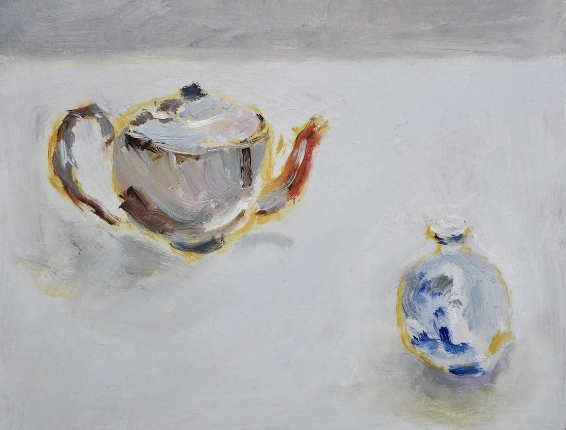 Teapot and vase, oil on board 2024
Painted from still life in the studio