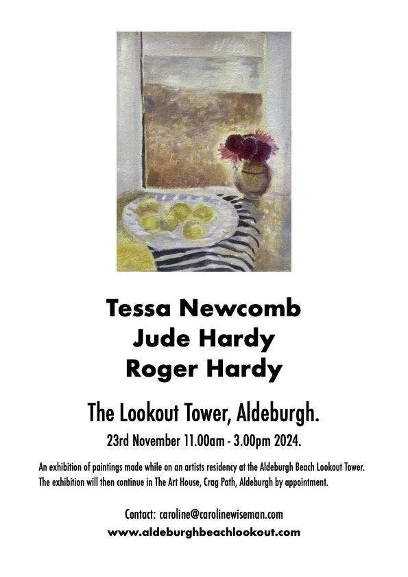 A poster for an art exhibition, featuring a painting of a window with a vase of red flowers and a striped tablecloth with plates of lemons.