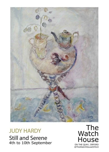 A watercolor painting of a small table with a teapot, a cup, and some cherries on top.