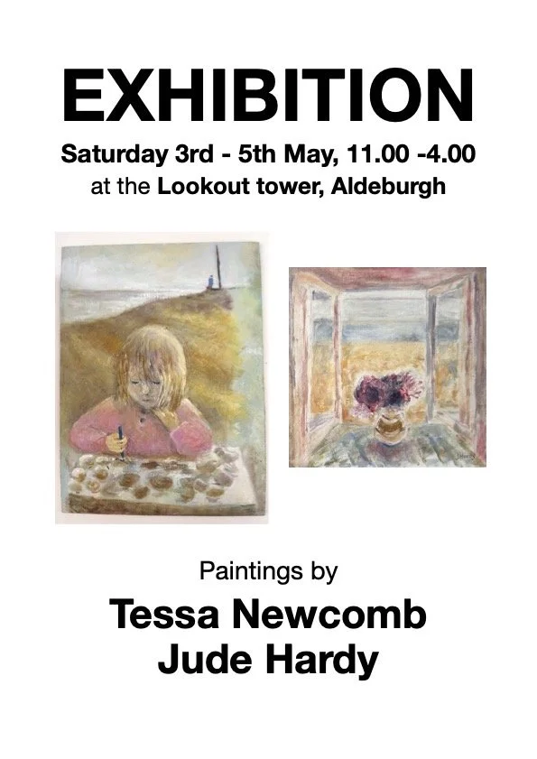 Poster advertising an art exhibition held at the Lookout Tower in Aldeburgh beach featuring paintings by Tessa Newcomb and Jude Hardy.