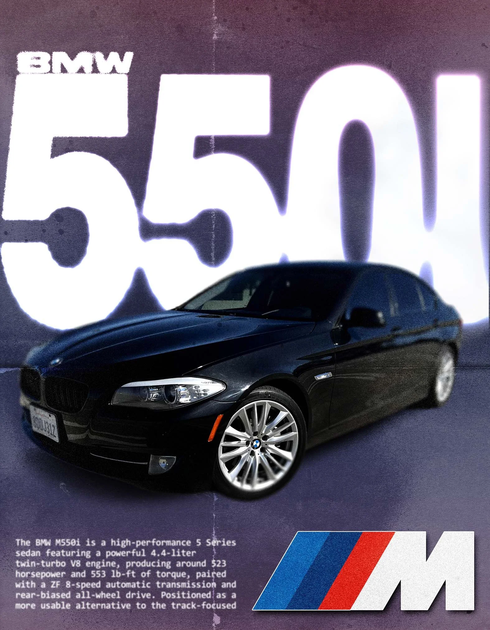 Black BMW M550i car in front of a large illuminated sign displaying 'BMW 550i' and an M logo with blue, purple, red, and white stripes.