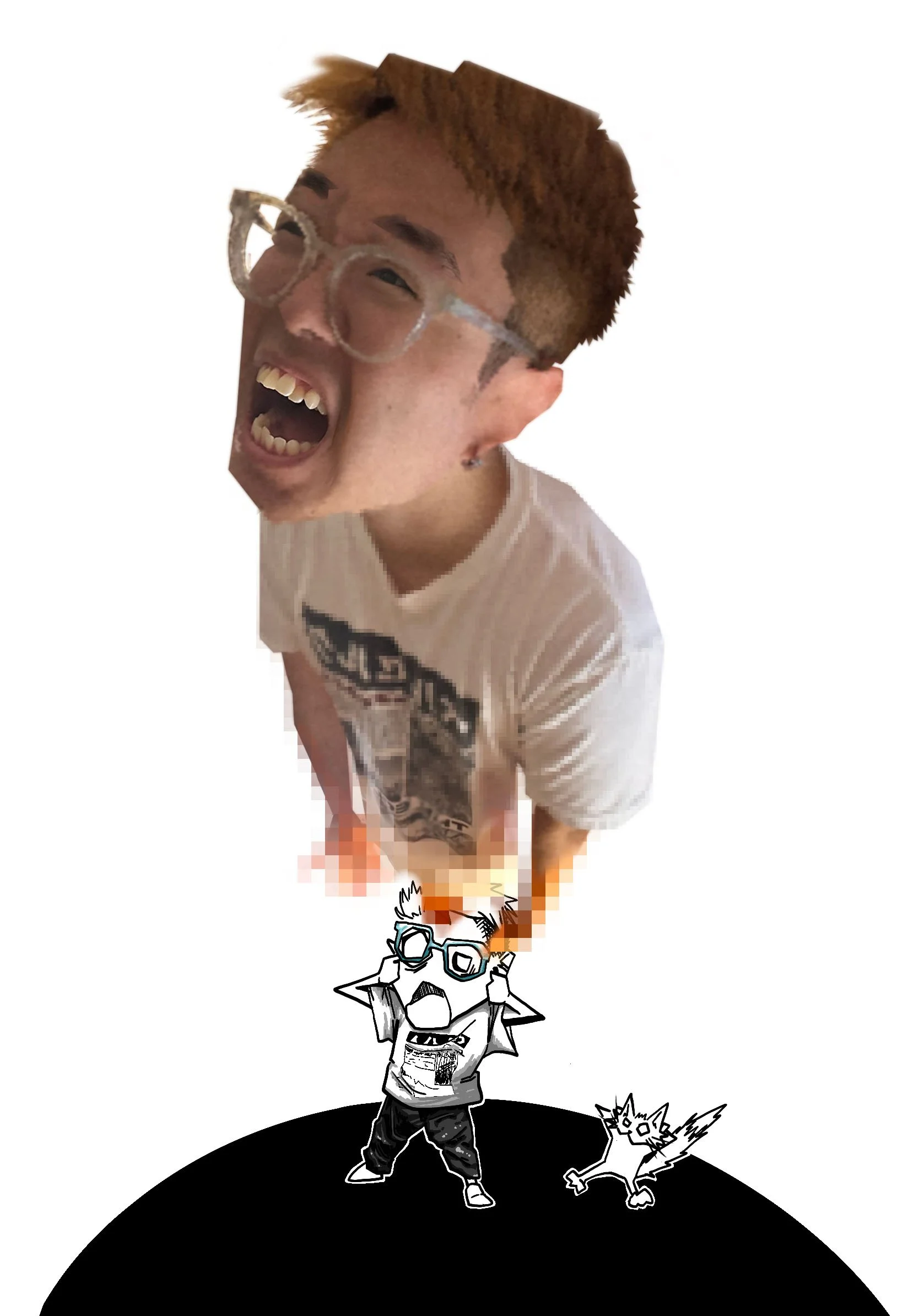 A person with a digitally manipulated large head, glasses, and an excited facial expression, standing on a black circular platform with a small cartoon character and a dog-like figure beside them.