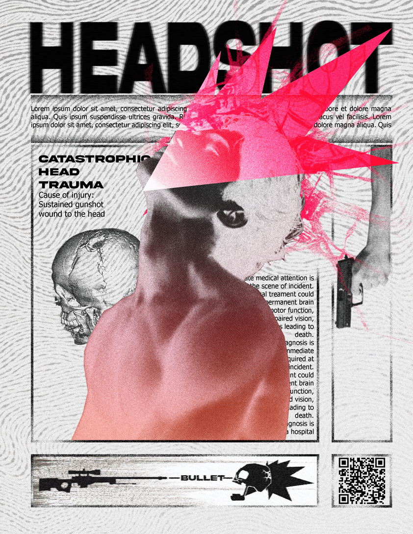 The image is a graphic design collage with the title 'HEADSHOT' and the words 'CATASTROPHIC HEAD TRAUMA.' It features a distorted child’s face with a red hue, a skull illustration, a gun that appears to be firing, and bold, jagged pink and black abstract shapes. The background includes textured black and white patterns, and there is placeholder Latin text throughout.