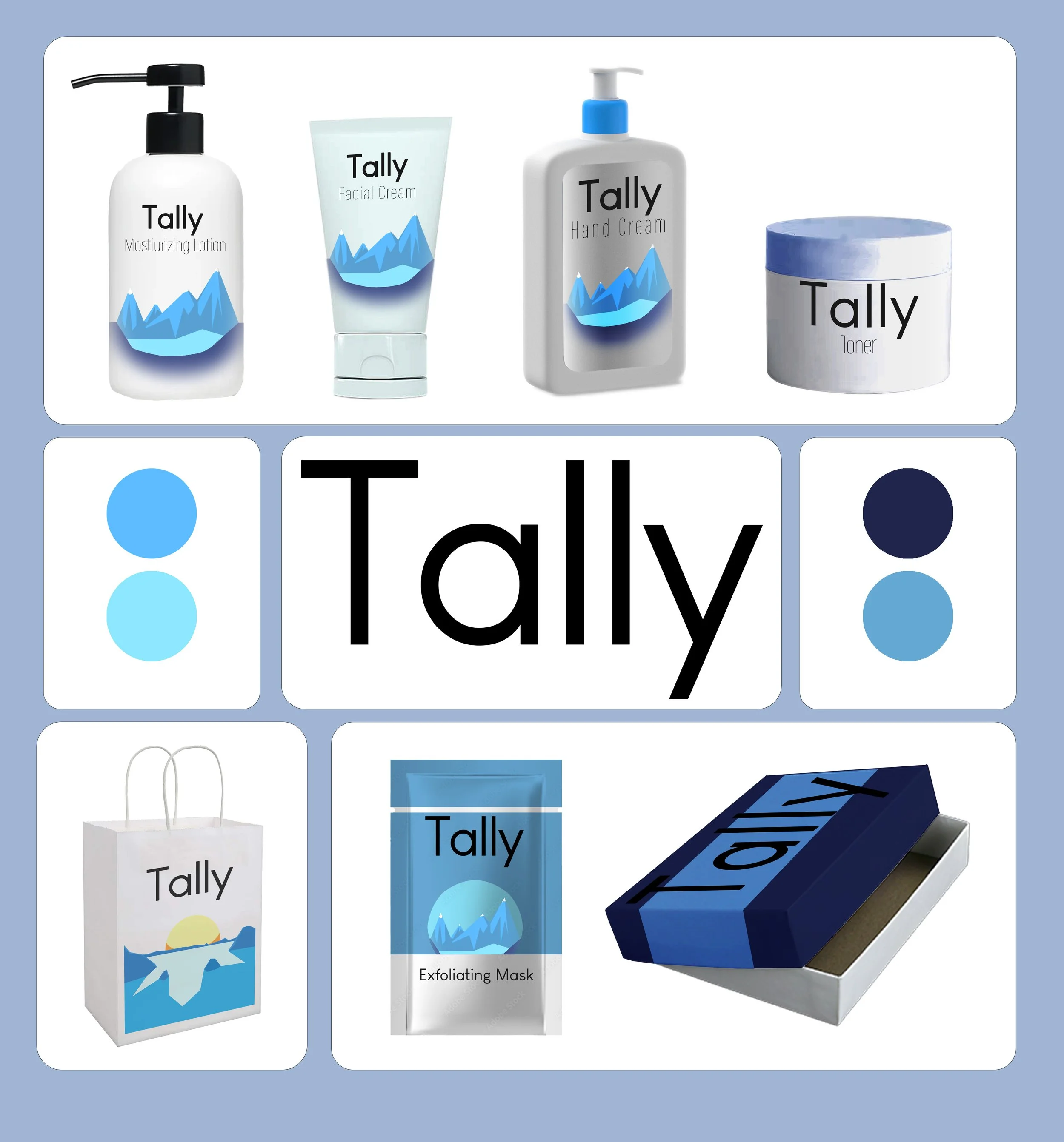Collection of Tally brand skincare products including moisturizer lotion, facial cream, hand cream, toner, exfoliating mask, and a shopping bag, along with a box of tissues.