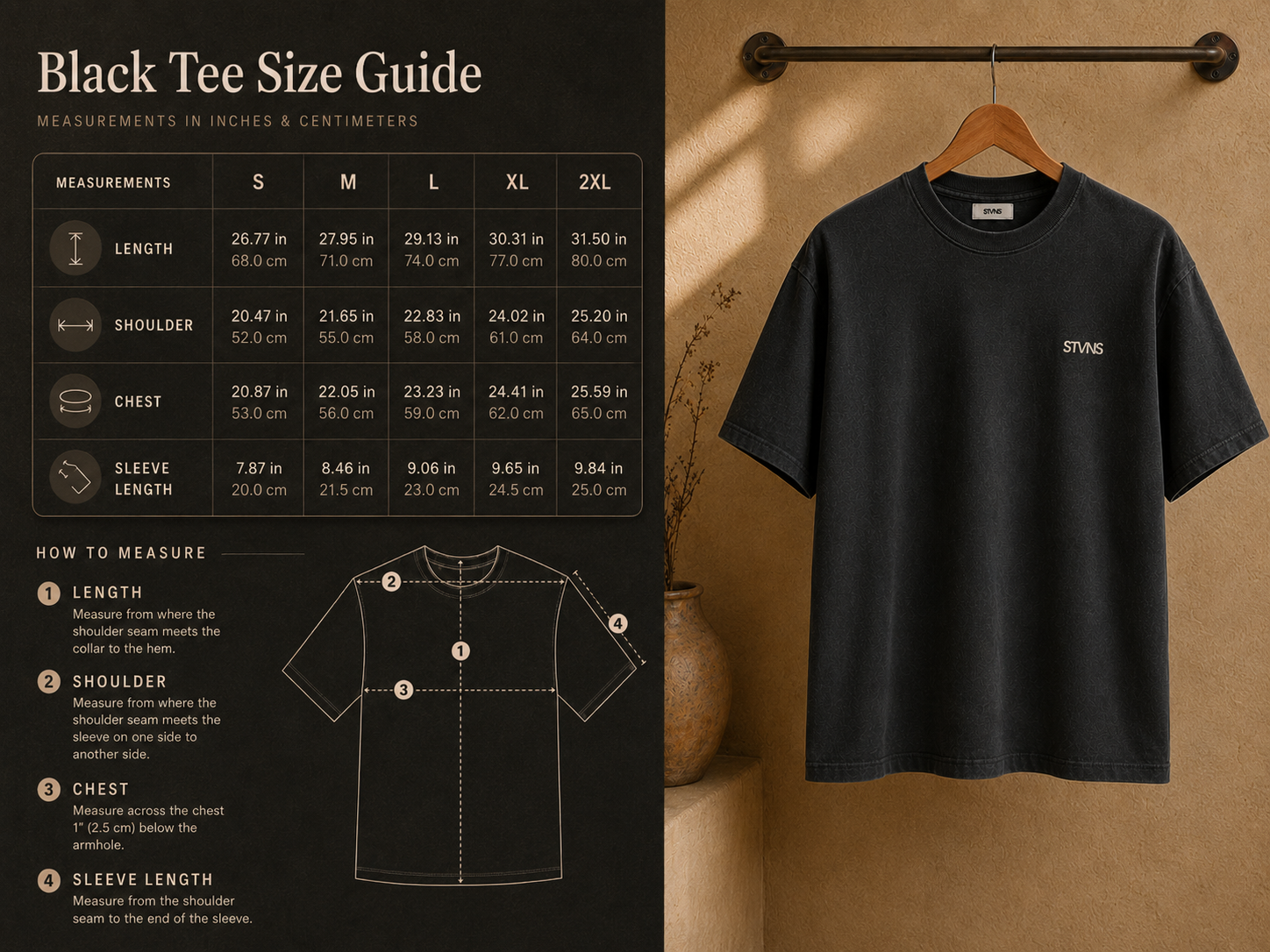 Black T-shirt hanging on a wooden hanger on a rack next to a chart titled 'Black Tee Size Guide' with measurements for small to 2XL in inches and centimeters, including length, shoulder, chest, and sleeve length, along with instructions on how to measure each dimension.