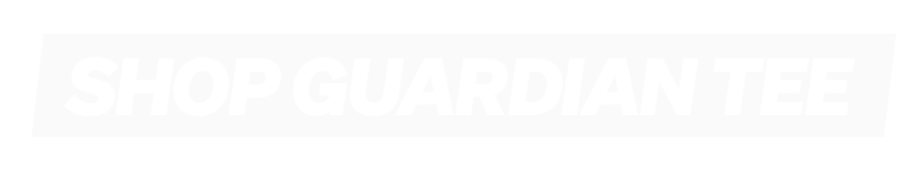 Text that reads 'Shop Guardian Tee' in bold black font on a white and black background.