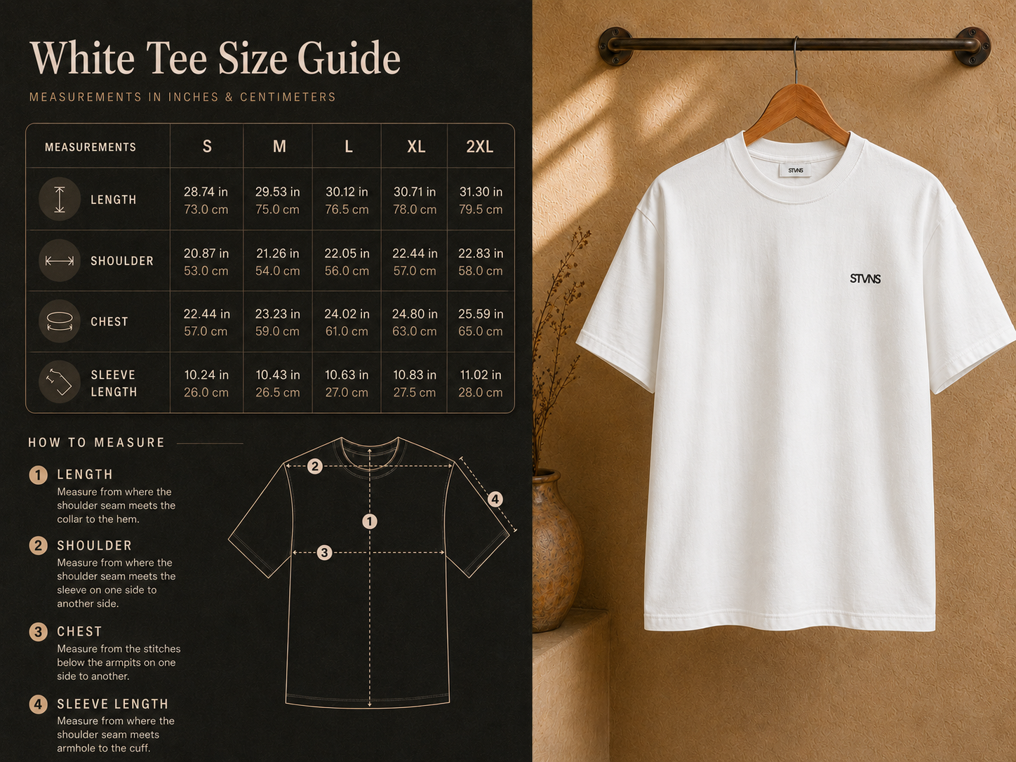 A size guide chart for white T-shirts with measurements in inches and centimeters, showing sizes small to 2XL, alongside a white T-shirt hanging on a wooden hanger on a wall.