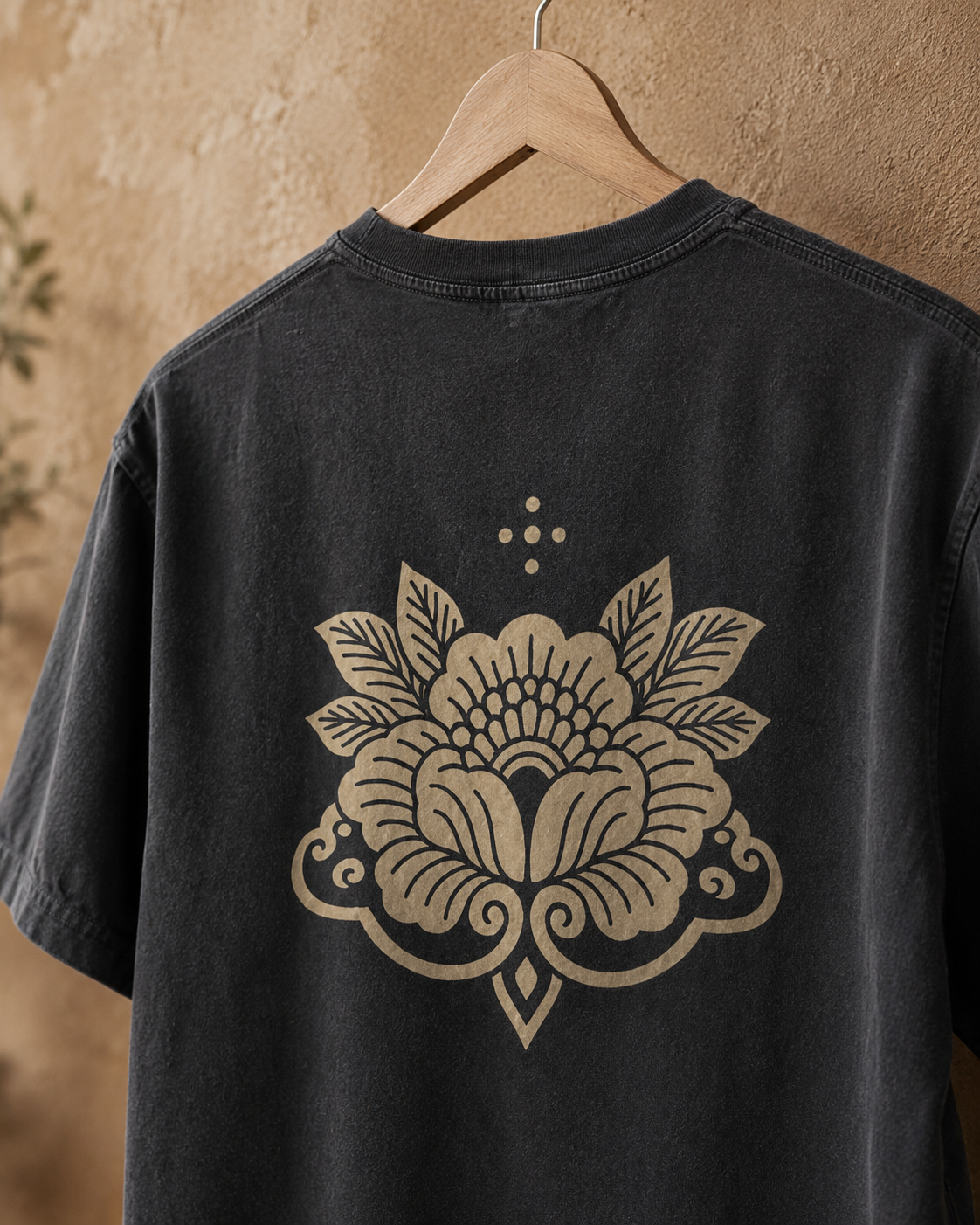 Black T-shirt with a beige floral design on the back, hanging on a wooden hanger against a beige wall with a plant in the background.