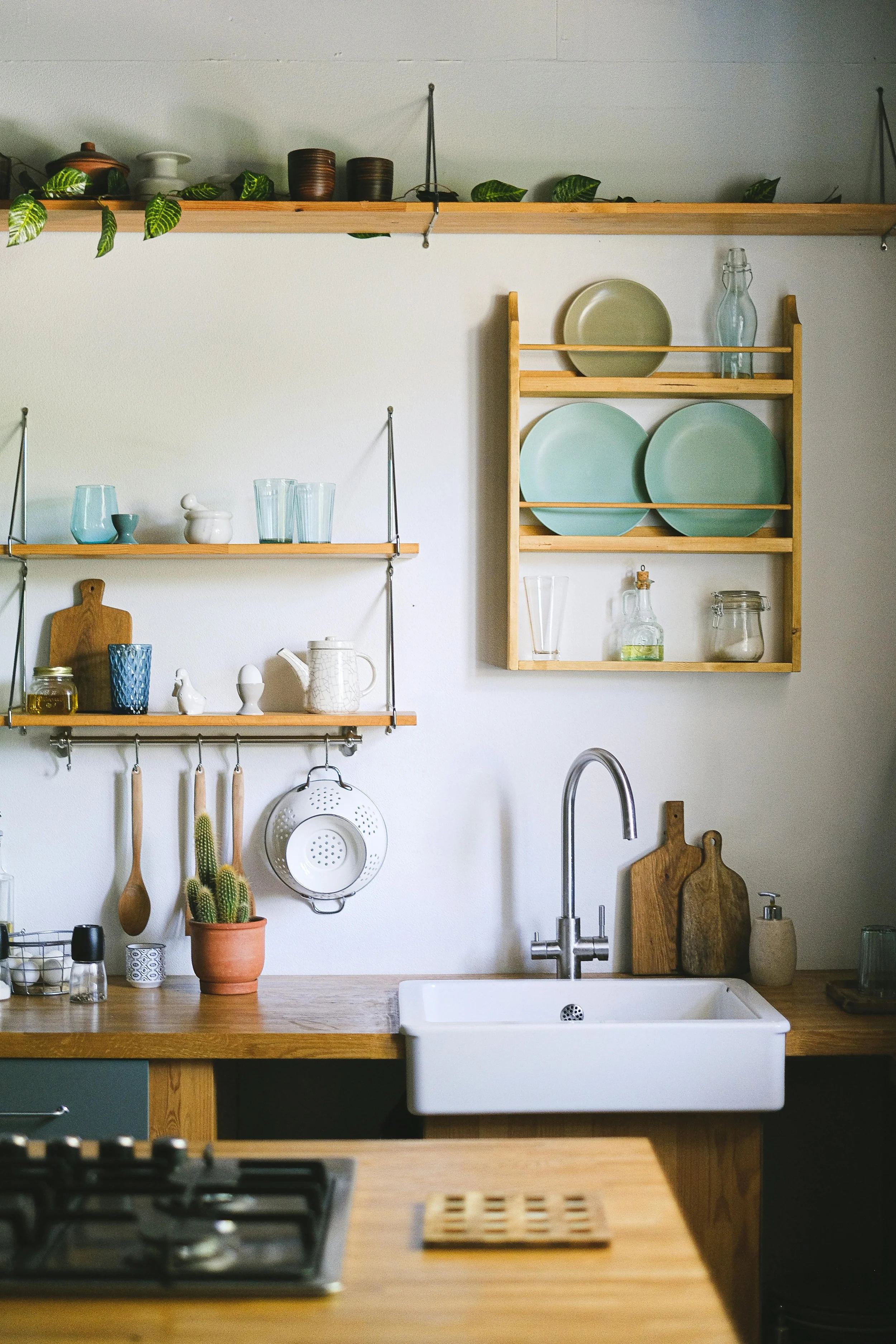 A kitchen with wooden shelves holding plates, glasses, and decorative items, a kitchen sink with a faucet, a cactus in a pot, and various kitchen utensils.