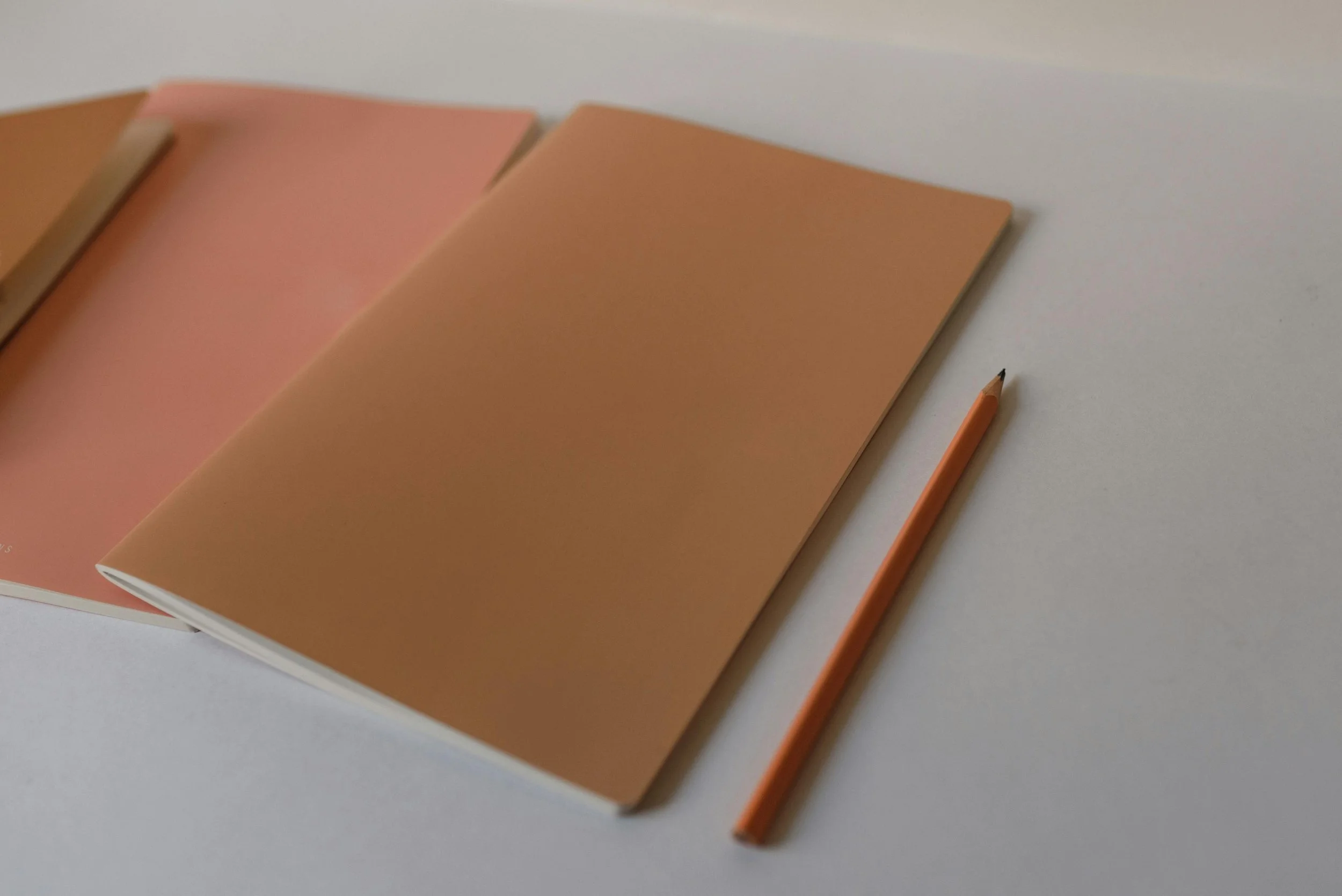 A closed pink and brown notebook, an open pink notebook, and an orange pencil on a white surface.