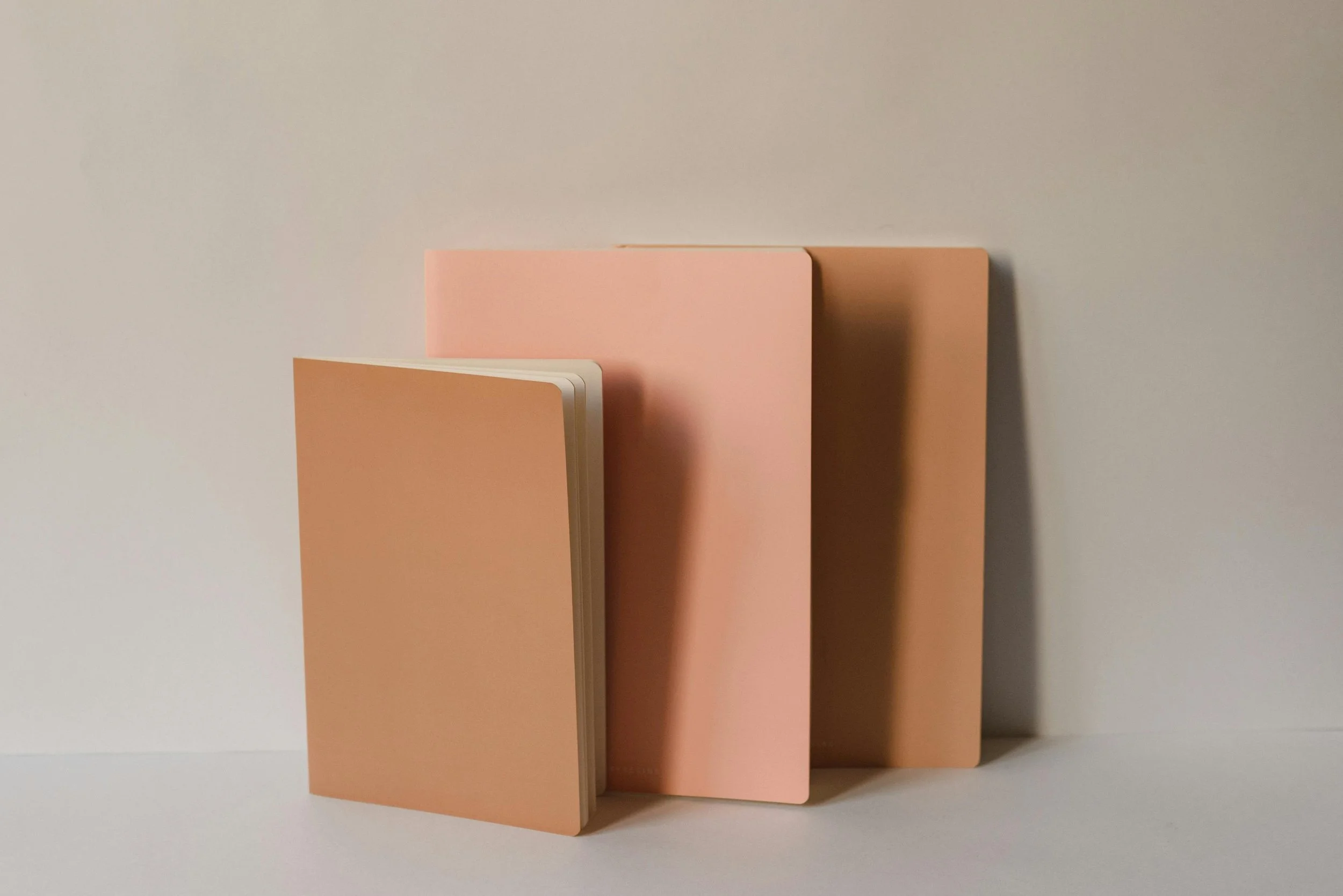 Three notebooks with pastel-colored covers in shades of pink and beige, arranged upright against a plain wall.