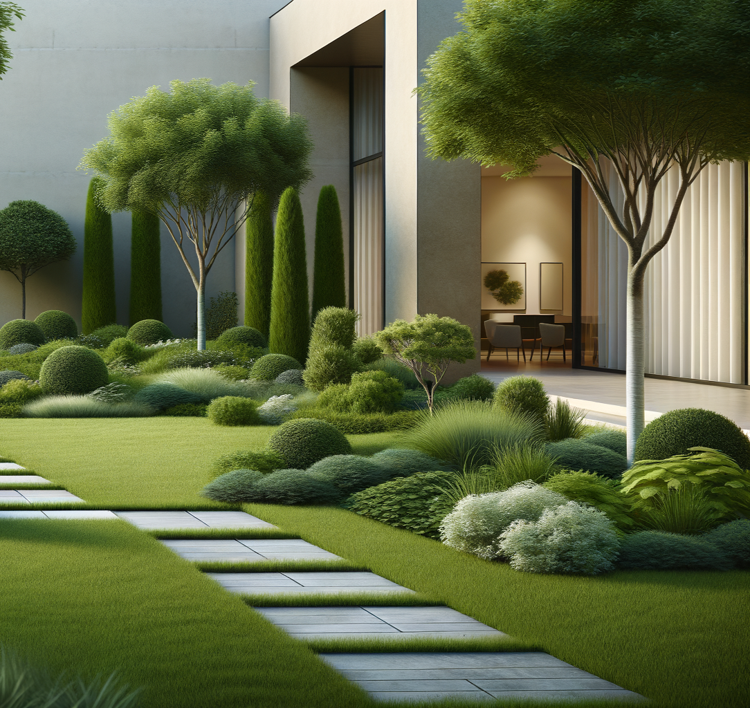 Modern backyard garden with lush green grass, a paved pathway, and neatly trimmed shrubs and trees; visible patio area with indoor furnishings through large glass doors.