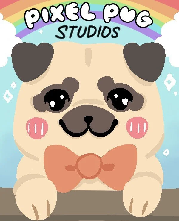 Cute cartoon dog with large eyes, pink cheeks, and glasses, wearing a large orange bowtie, in front of a rainbow background with the text "Pixel Pug Studios" at the top.