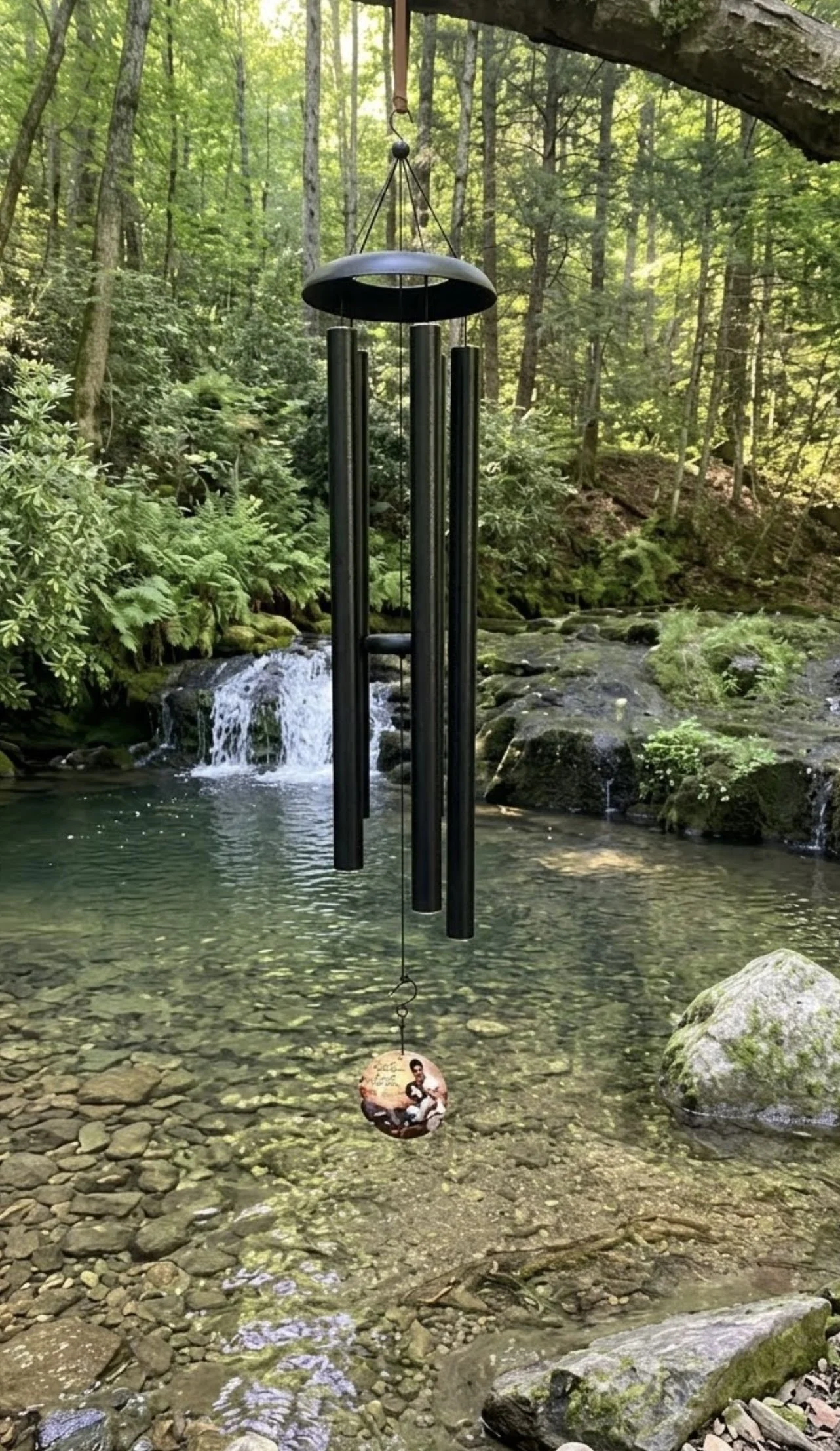 Black Forever Near wind chime near a beautiful small waterfall.