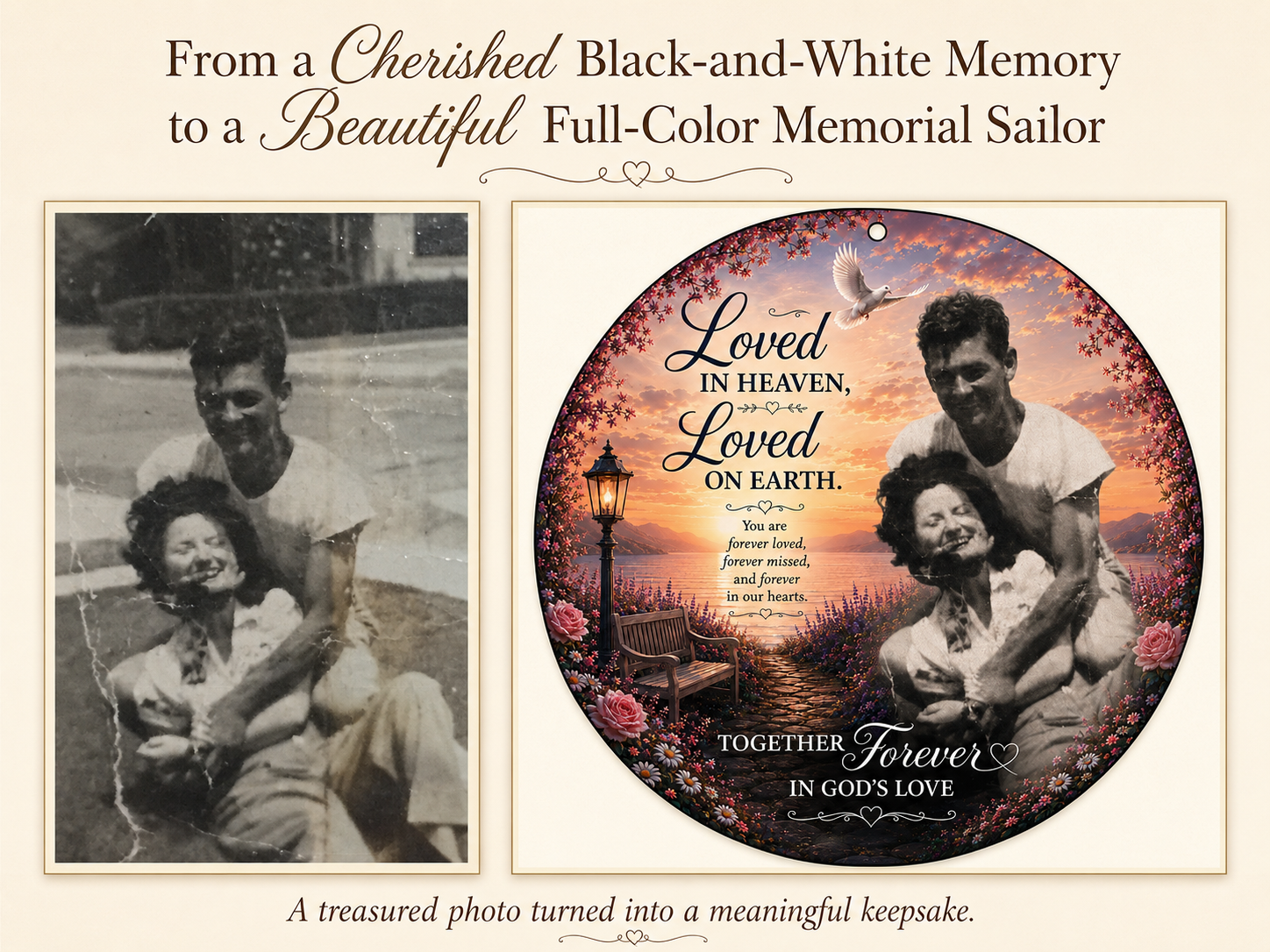 A heartwarming black and white photo colorized and incorporated into a memorial keepsake celebrating love and family remembrance.
