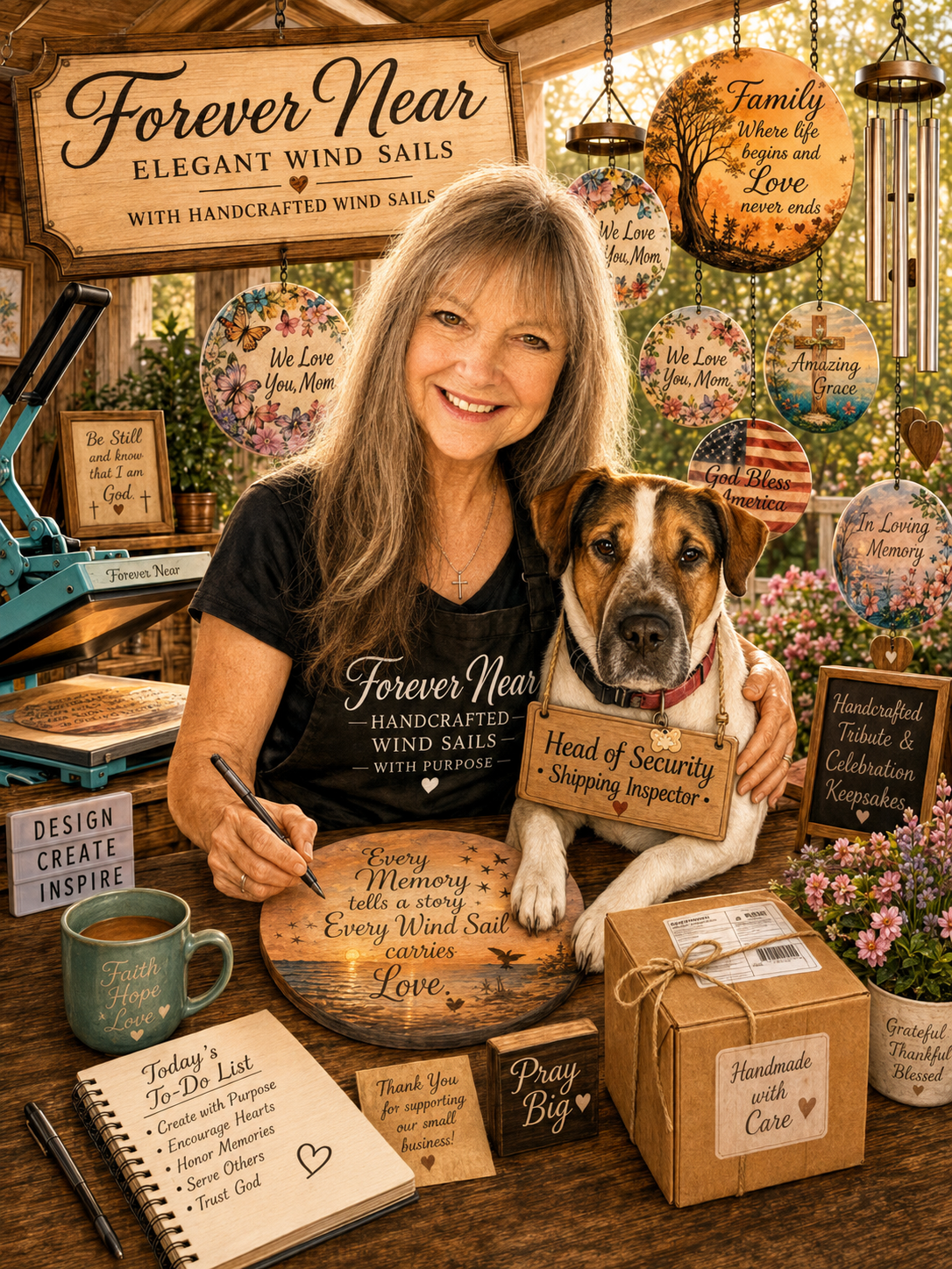 Forever Near owner with Cooper, Head of Security and Shipping Inspector, surrounded by personalized wind sail creations.