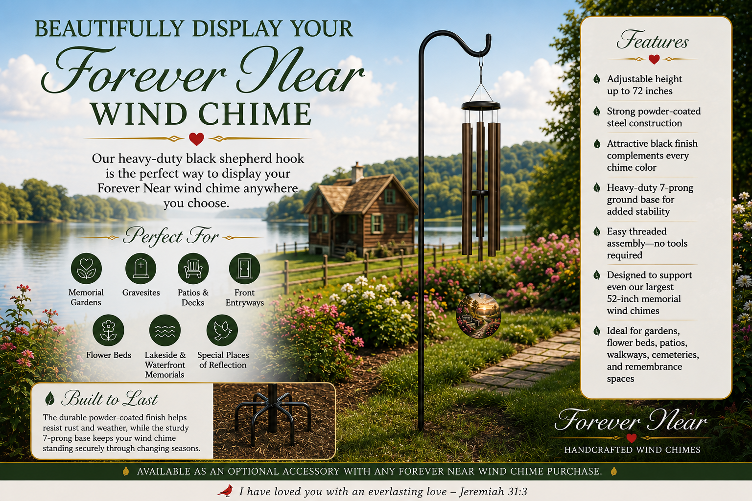 An advertisement for Forever Near wind chimes set in a garden near a lake with a small house, flowers, and trees. The ad highlights features like adjustable height, powder-coated steel, black finish, sturdy base, easy assembly, and support for large wind chimes. It also mentions suitability for gardens, patios, waterways, and memorials.