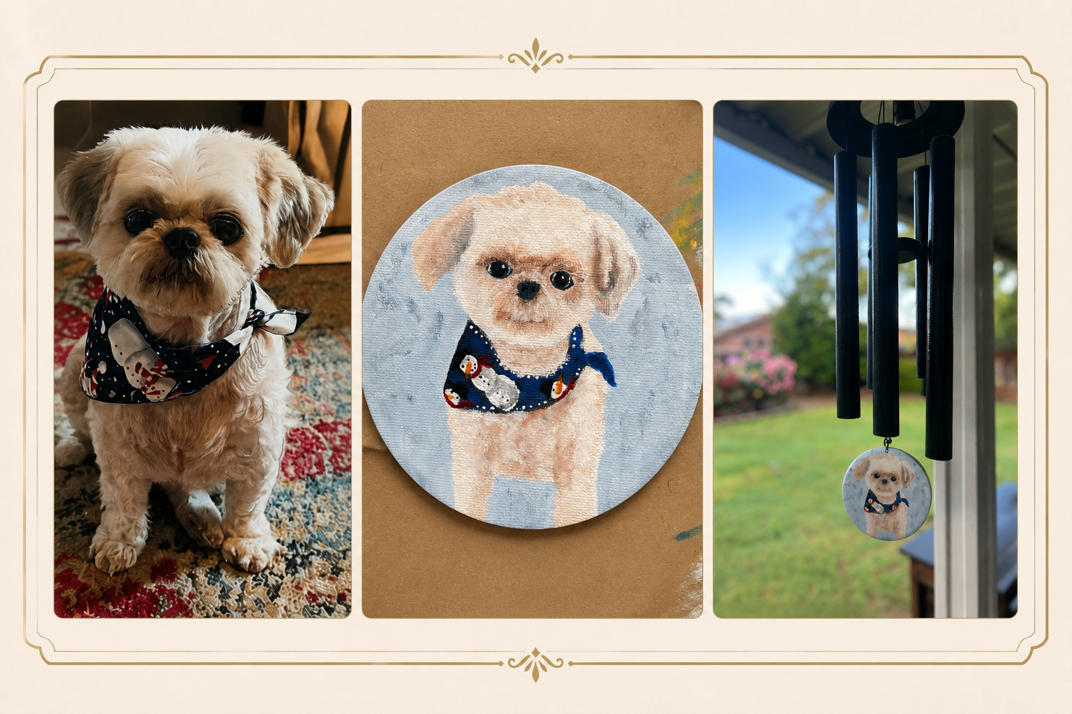A custom pet memorial keepsake featuring a beautiful hand-painted portrait of a dog.
