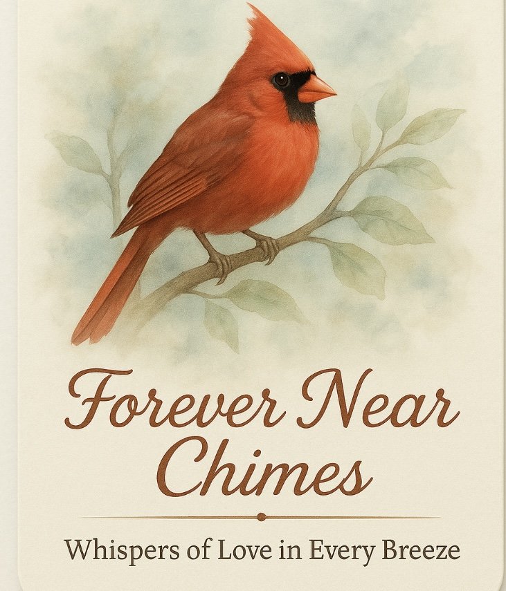 Book cover featuring a red cardinal bird perched on a branch with green leaves. Title: 'Forever Near Chimes'. Subtitle: 'Whispers of Love in Every Breeze'.