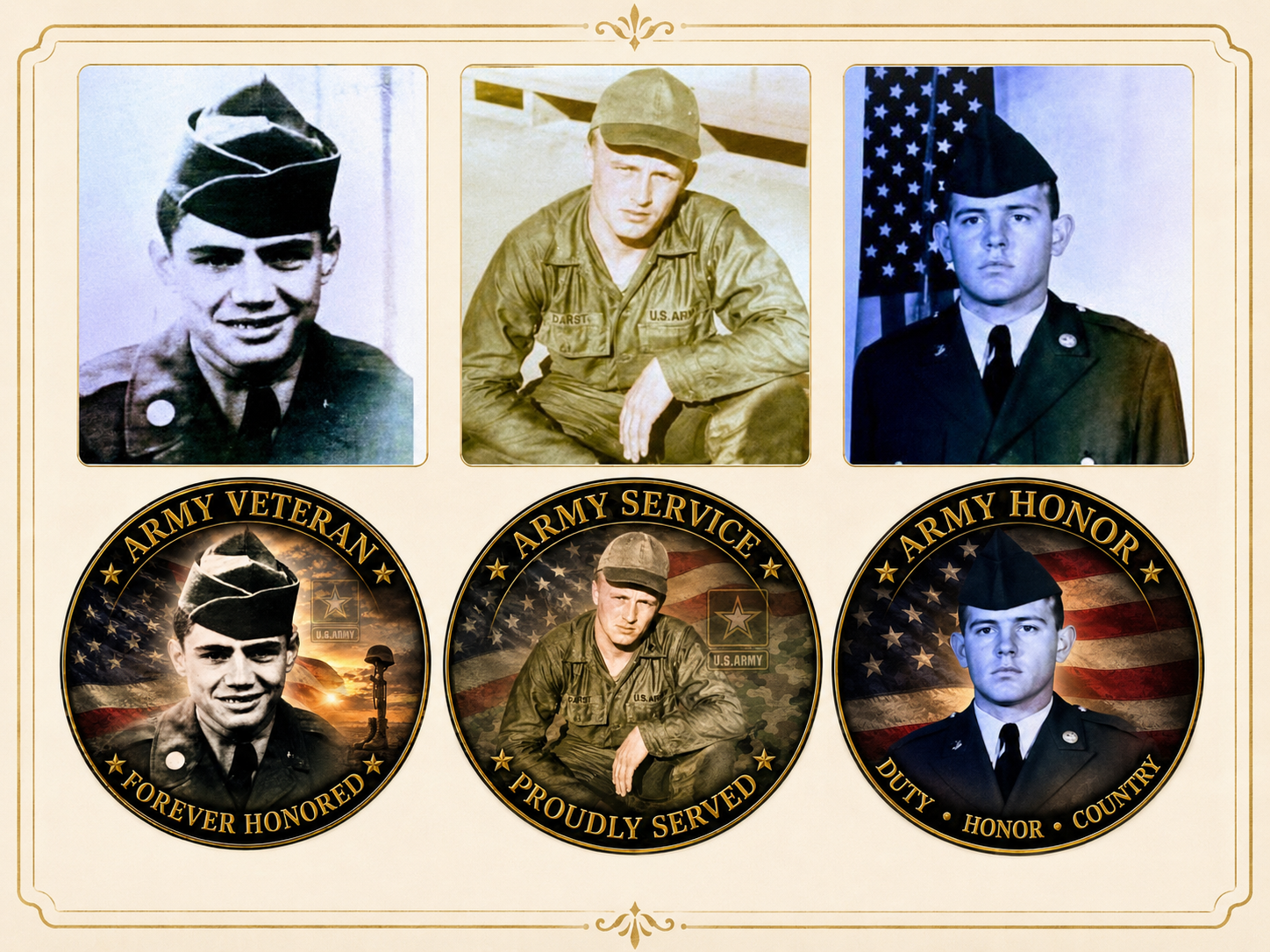 A collage of three vintage portraits of young U.S. Army soldiers and three round badges with similar images, labels, and patriotic themes. The badges read 'Army Veteran Forever Honored,' 'Army Service Proudly Served,' and 'Army Honor Duty Honor Country,' with patriotic backgrounds.