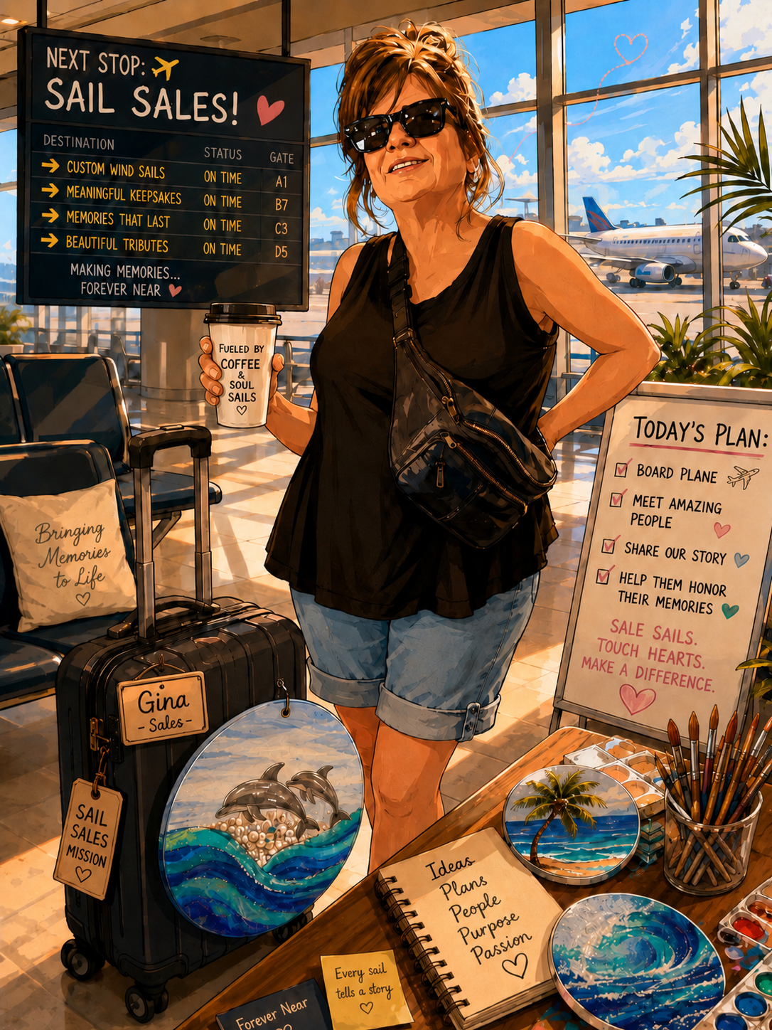 Forever Near sales representative traveling with personalized wind sail designs, helping share our custom creations with customers nationwide.