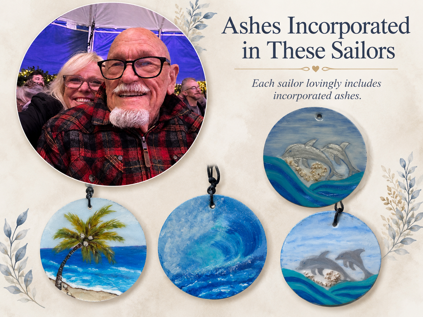 Beautiful custom memorial ornaments with incorporated ashes featuring ocean scenes.