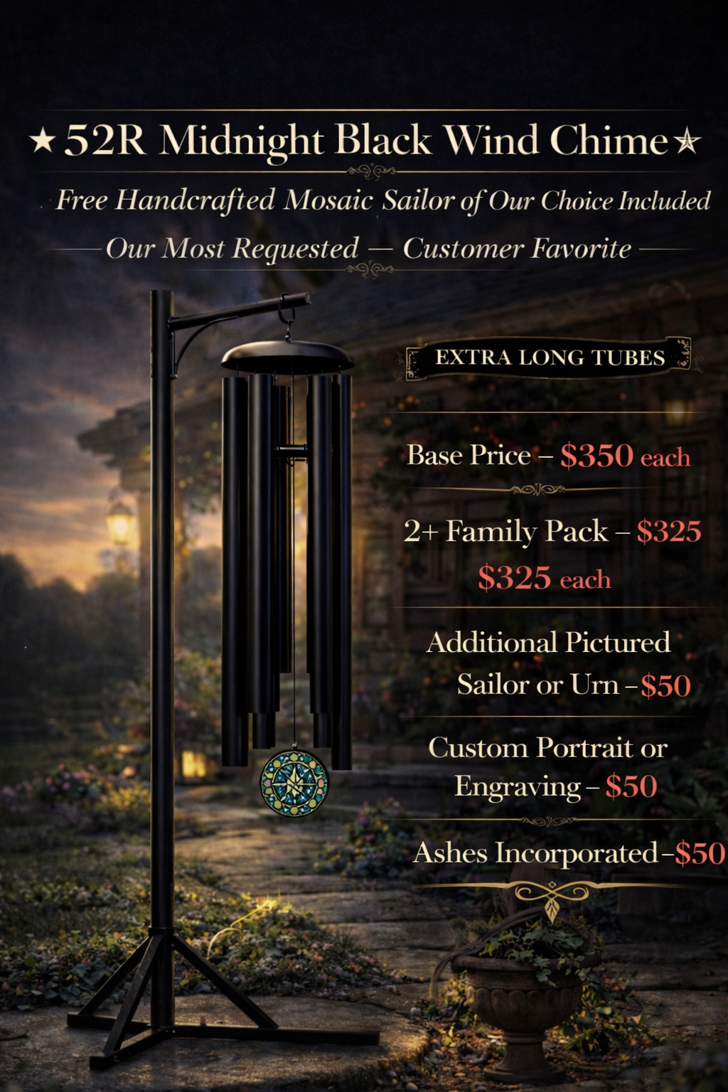 52R Resonique Wind Chime (Deep Symphonic Tone) With Complementary Mosaic Sailor