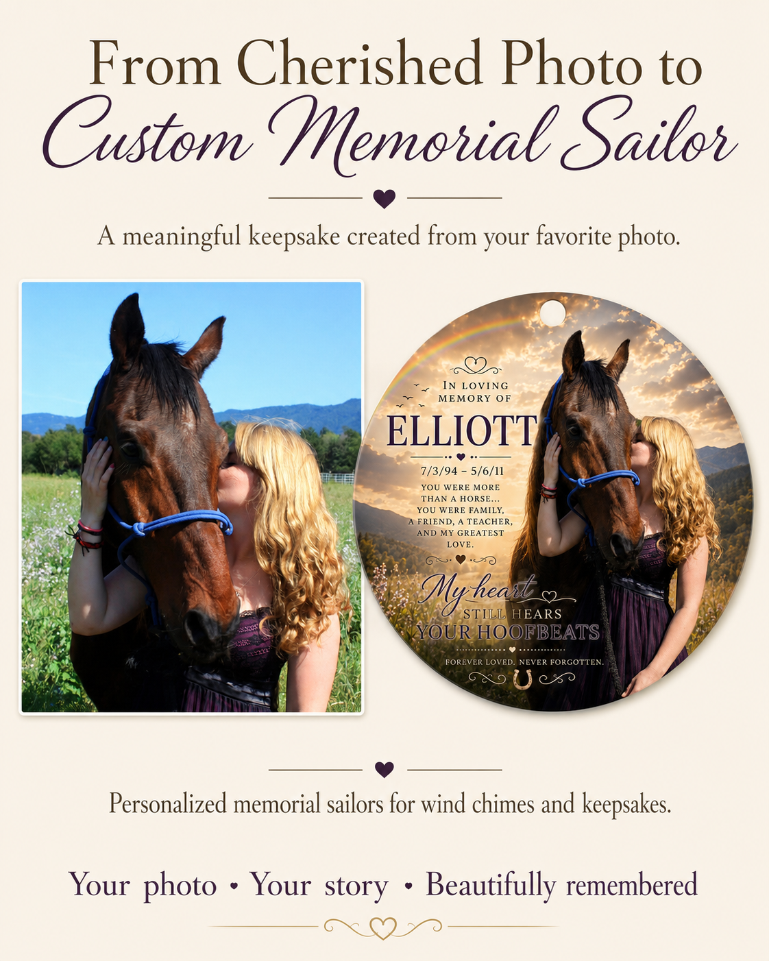 A beautiful custom memorial keepsake featuring a loving portrait of a girl with her beloved horse.