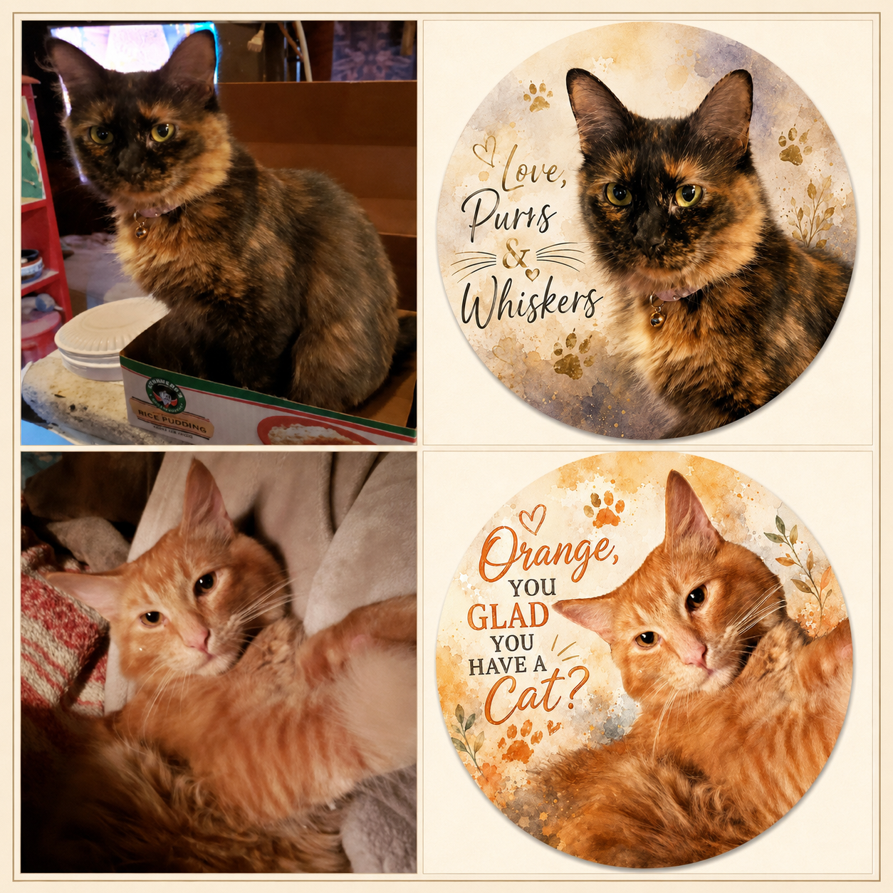 Custom pet memorial keepsakes and paw print decorations honoring beloved cats.