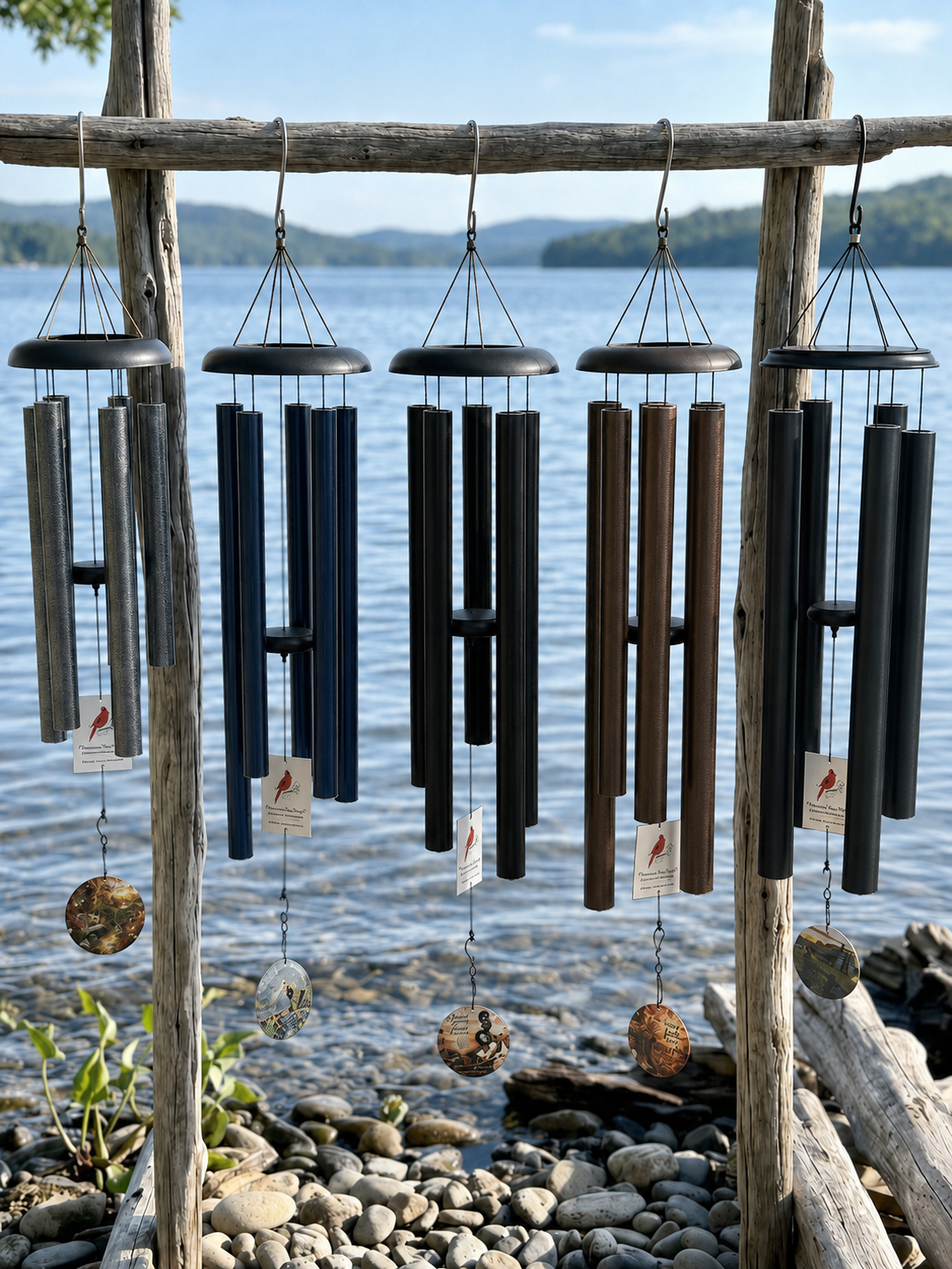Forever Near elegant wind chimes displayed by the water, featuring beautiful sound and interchangeable personalized wind sails.